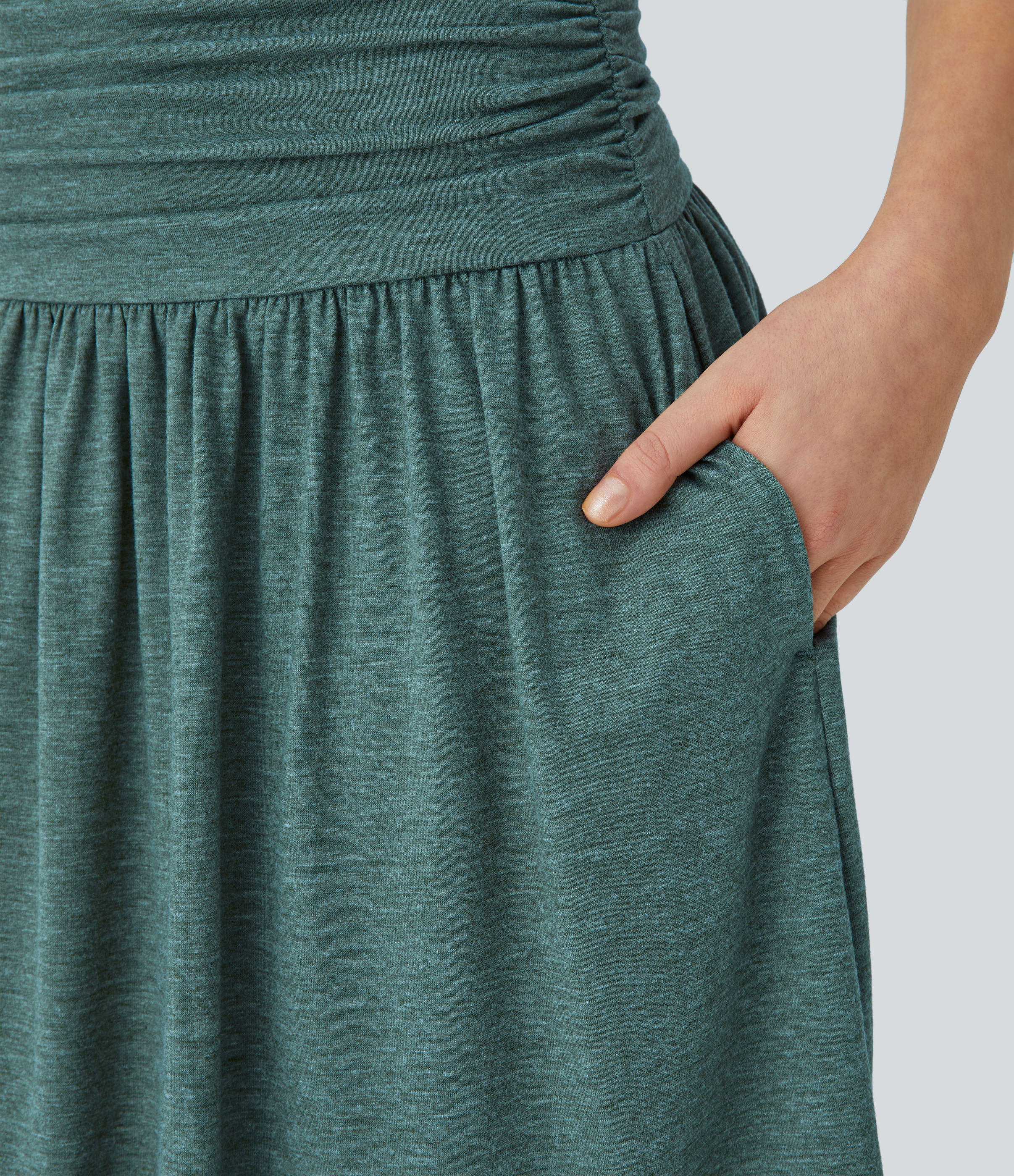 Halara High Waisted Ruched Side Pocket Flowy Resort Skirt  - Jade Green Floral Yarn - XS(regular) 