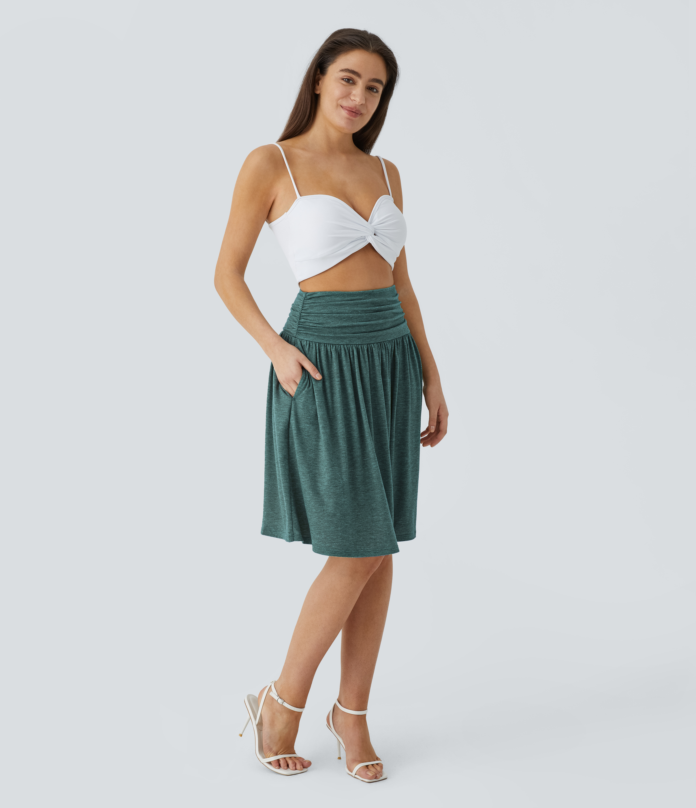 Halara High Waisted Ruched Side Pocket Flowy Resort Skirt  - Jade Green Floral Yarn - XS(regular) 