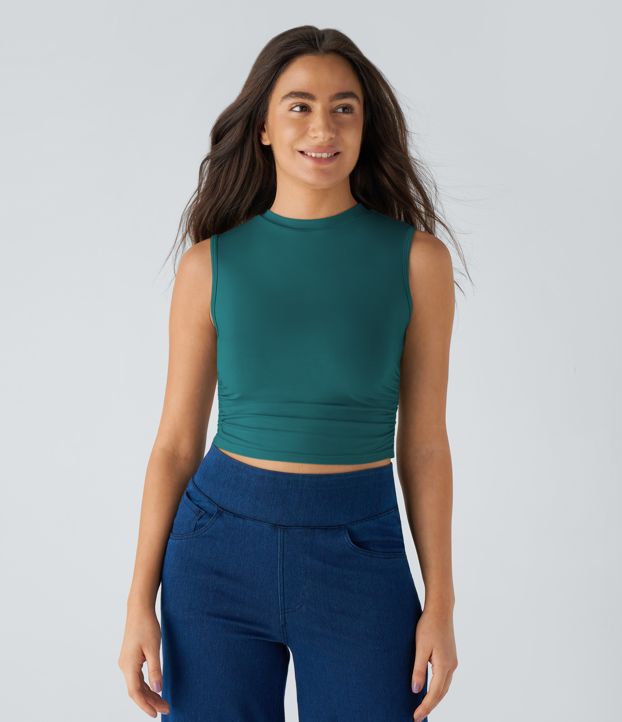 Halara Round Neck Ruched Skinny Cropped Casual Tank Top Tank Top - Pacific - XL golf tops halter top tunic tops sleeveless tops backless top 