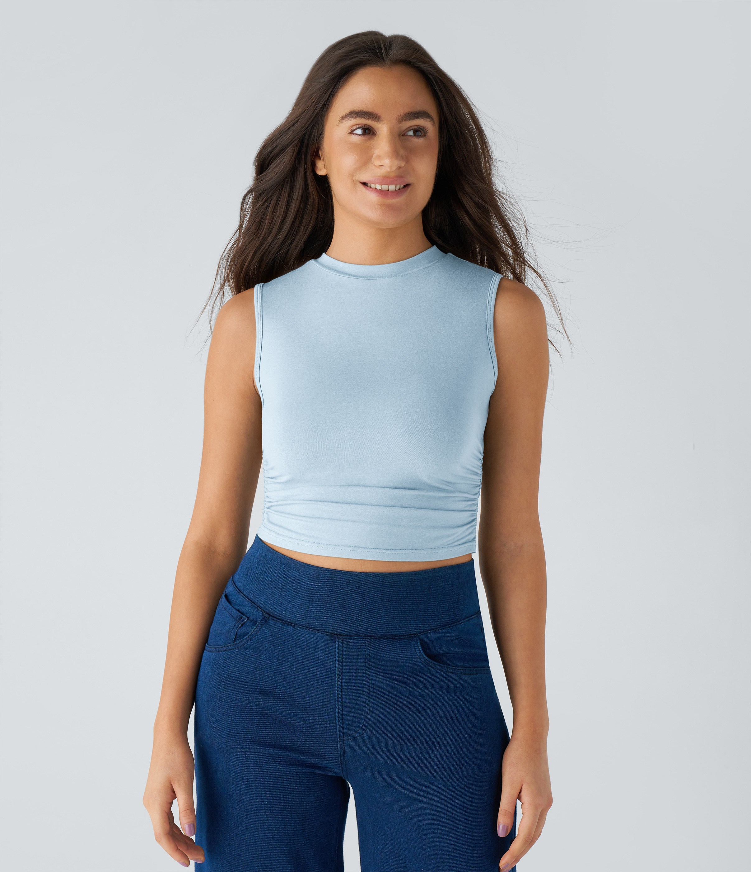 Halara Round Neck Ruched Skinny Cropped Casual Tank Top Tank Top - Omphalodes - S golf tops halter top tunic tops sleeveless tops 