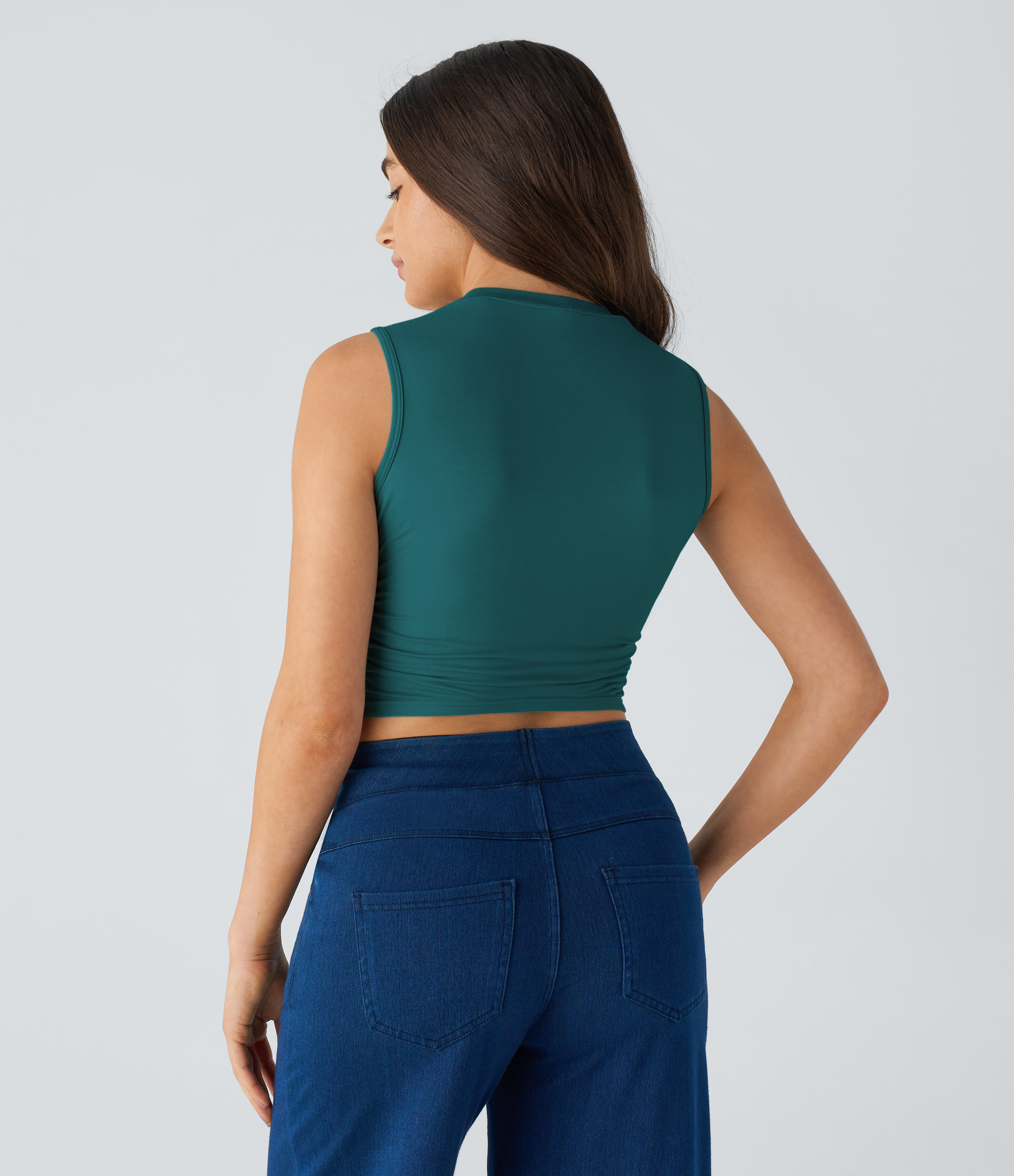 Halara Round Neck Ruched Skinny Cropped Casual Tank Top Tank Top - Pacific - XL golf tops halter top tunic tops sleeveless tops backless top 