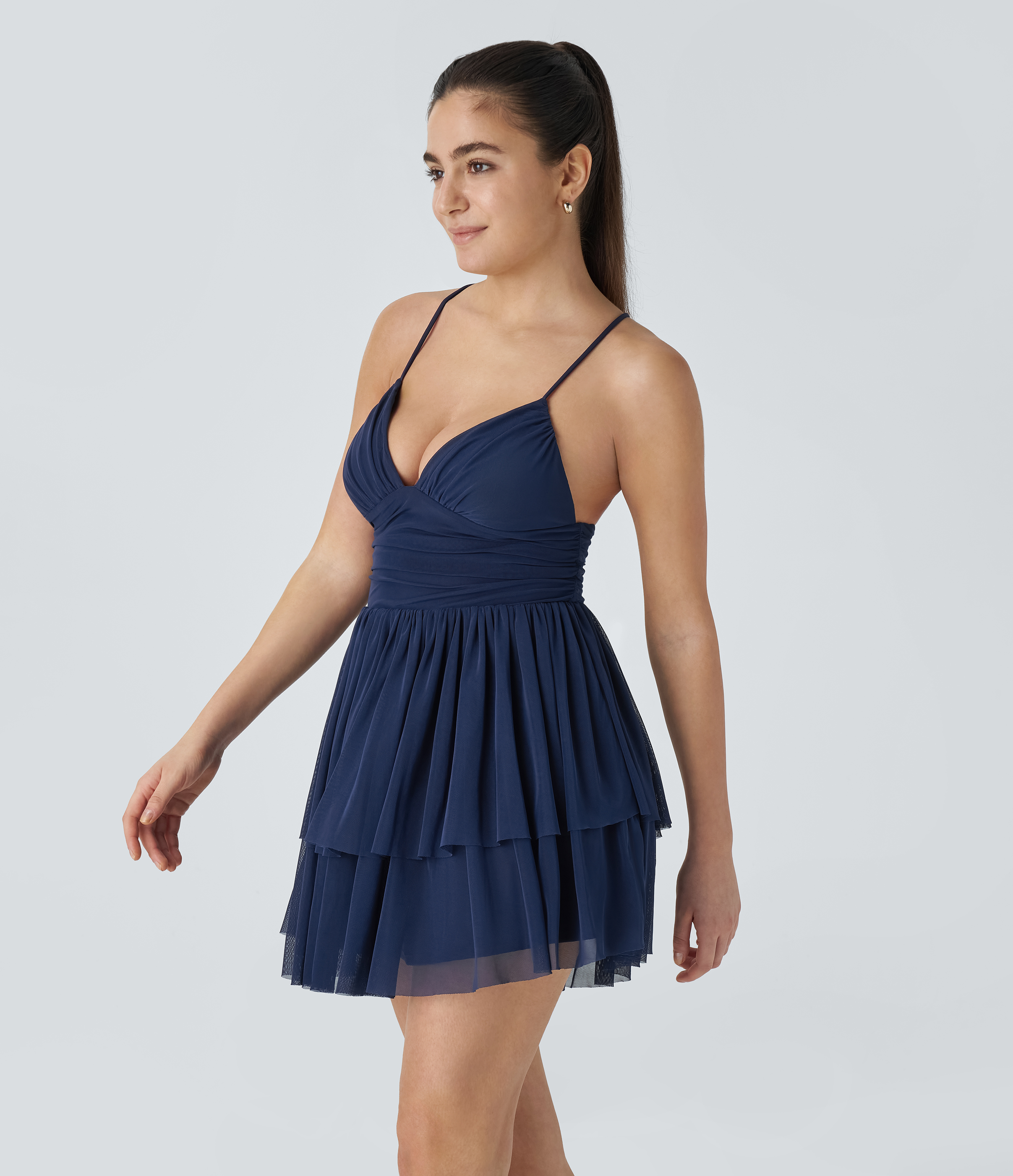 Halara Backless Crisscross Lace Up Mesh Layered Mini Party Dress Casual Dress - Deep Sapphire - M slip dress beach dress ruched dress 