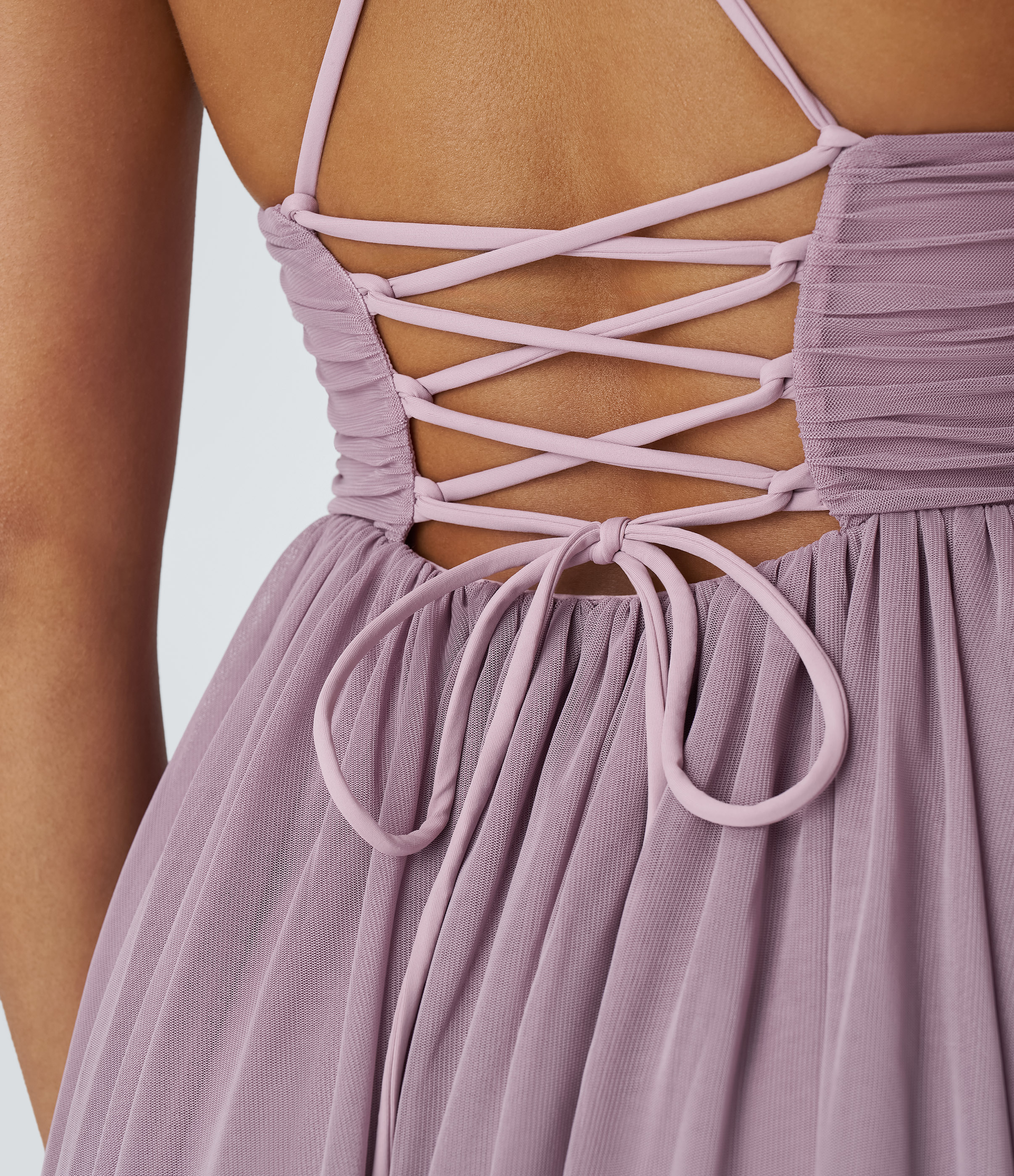 Halara Backless Crisscross Lace Up Mesh Layered Mini Party Dress Casual Dress - Lilac Blush - XS slip dress beach dress ruched dress 