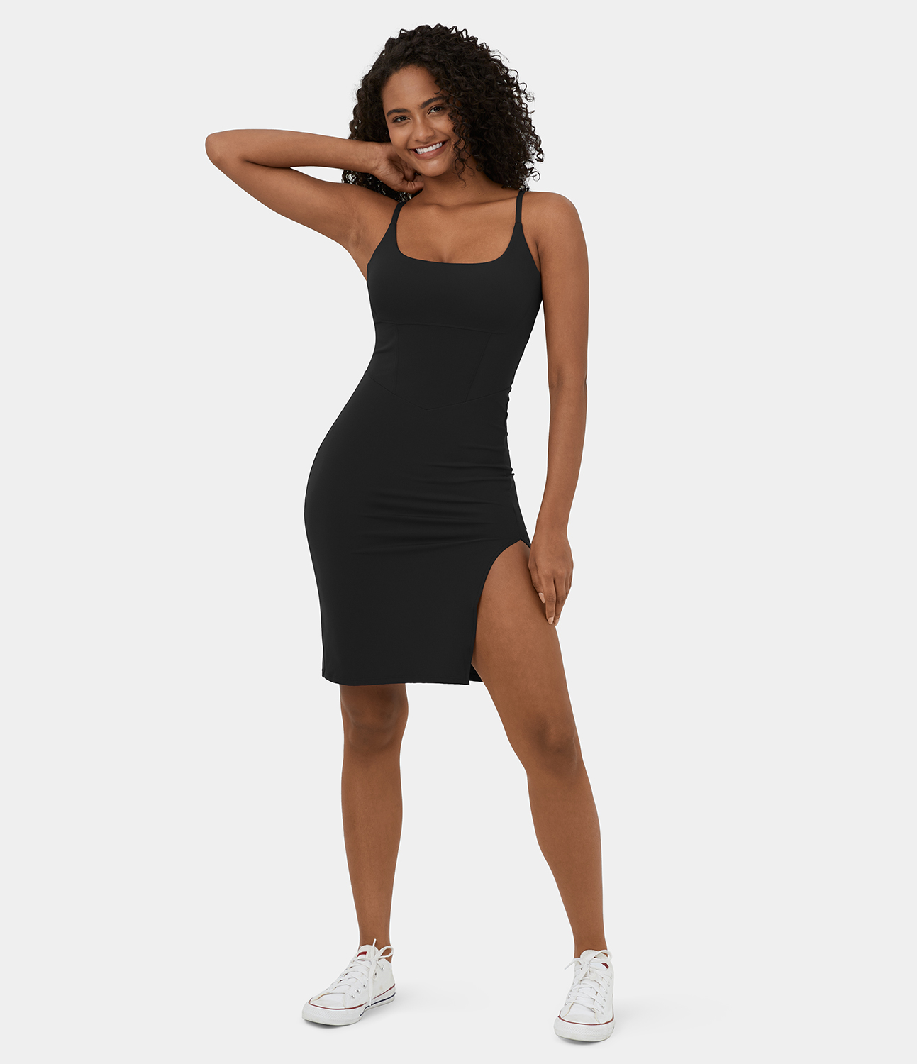 Halara Spaghetti Strap Square Neck Backless Corset Split Bodycon Midi Casual Dress Casual Dress - Black - S slip dress beach dress 