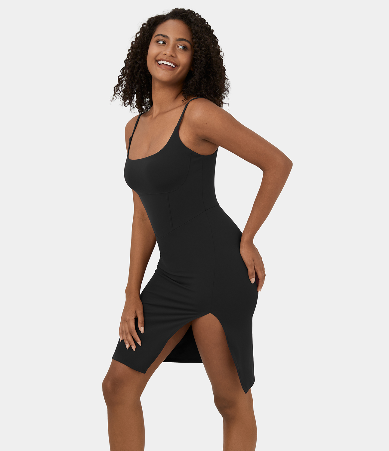 Halara Spaghetti Strap Square Neck Backless Corset Split Bodycon Midi Casual Dress Casual Dress - Black - S slip dress beach dress 