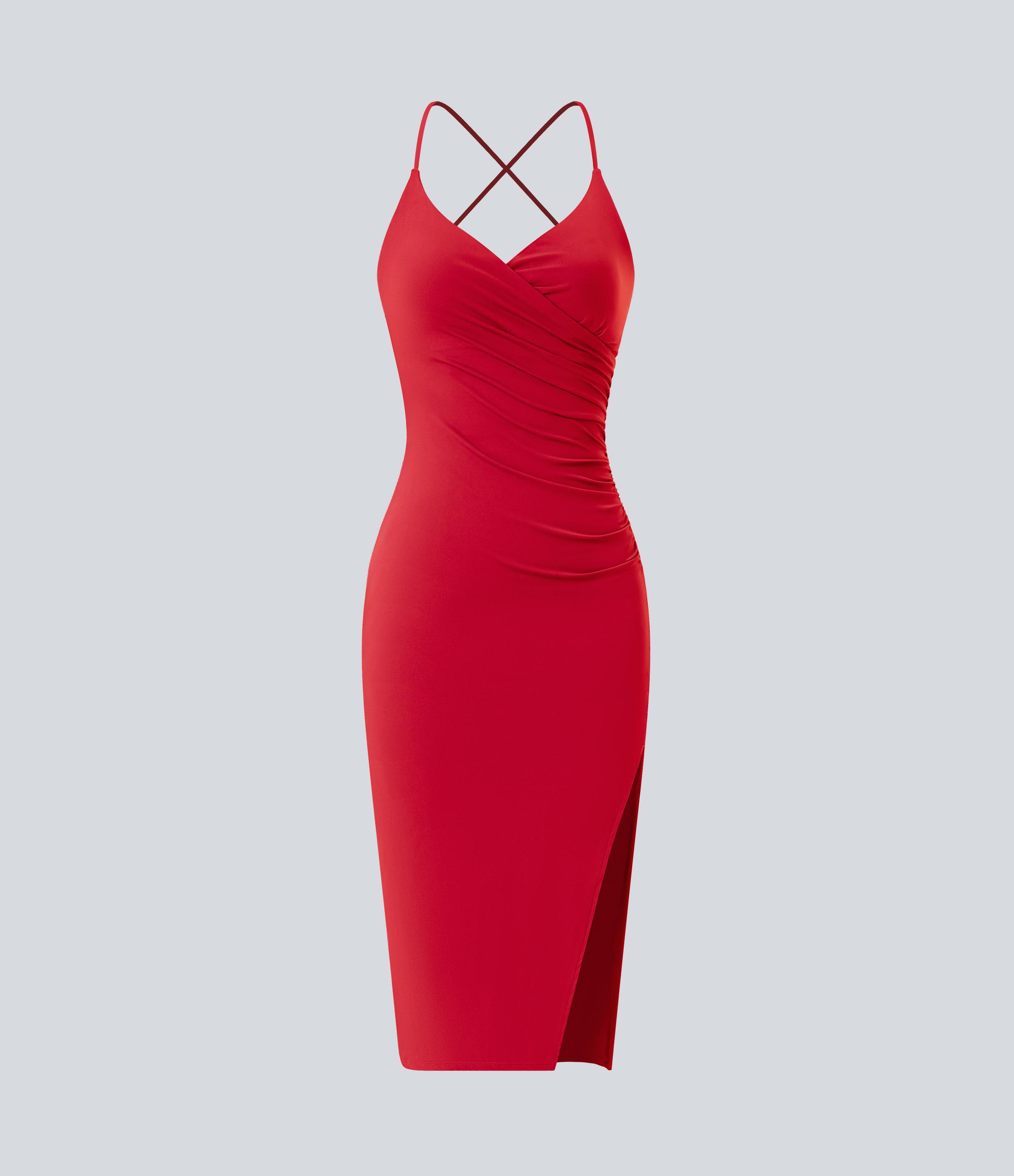 Halara Softlyzeroв„ў Airy Crossover Ruched Backless Lace Up Split Bodycon Cool Touch Bridesmaid And Wedding Guest Dress Casual Dress - Mars Red - S 