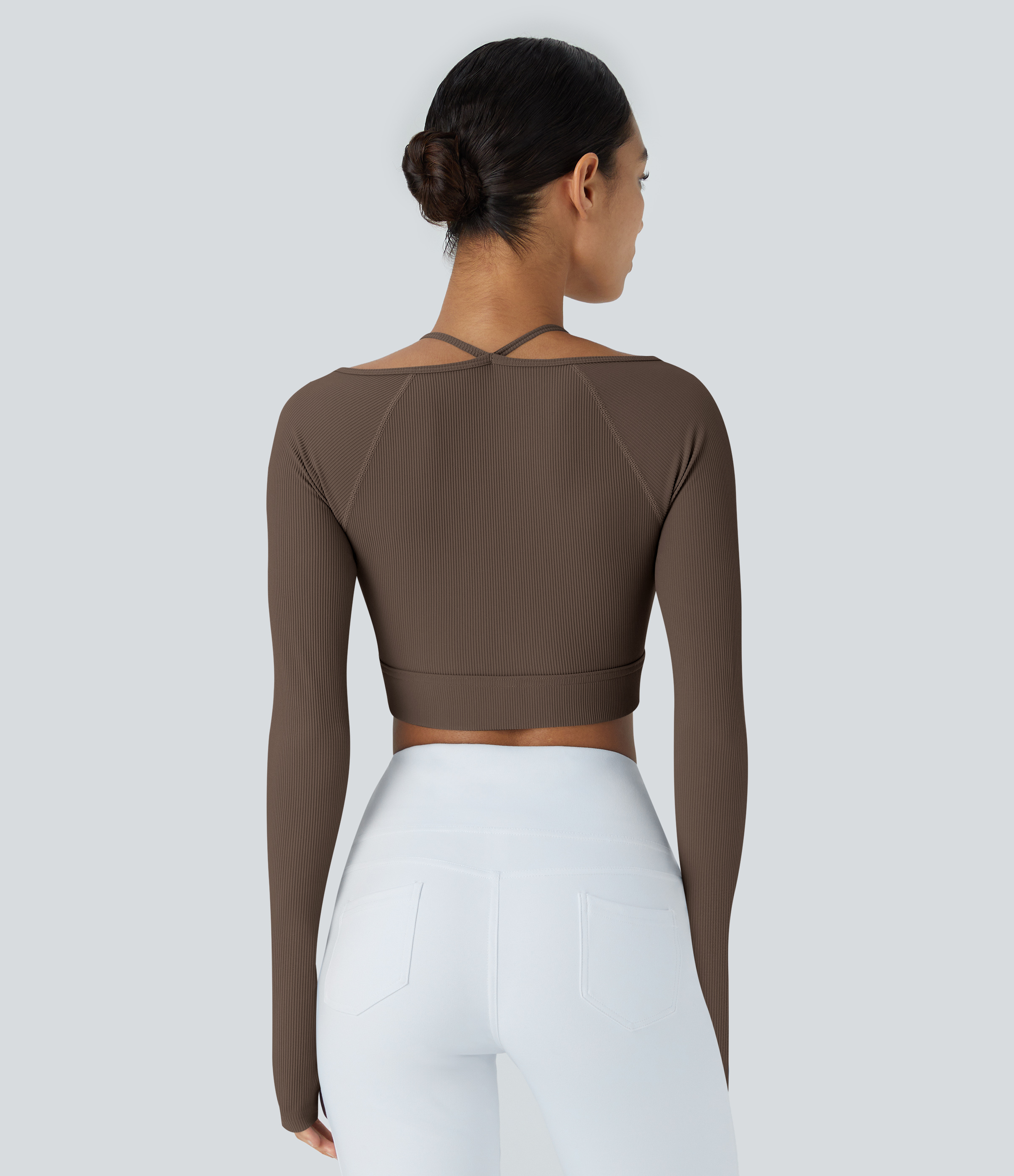 Halara Ribbed Halter Strap Thumb Hole Cropped Yoga Sports Top  - Rain Drum - XL 