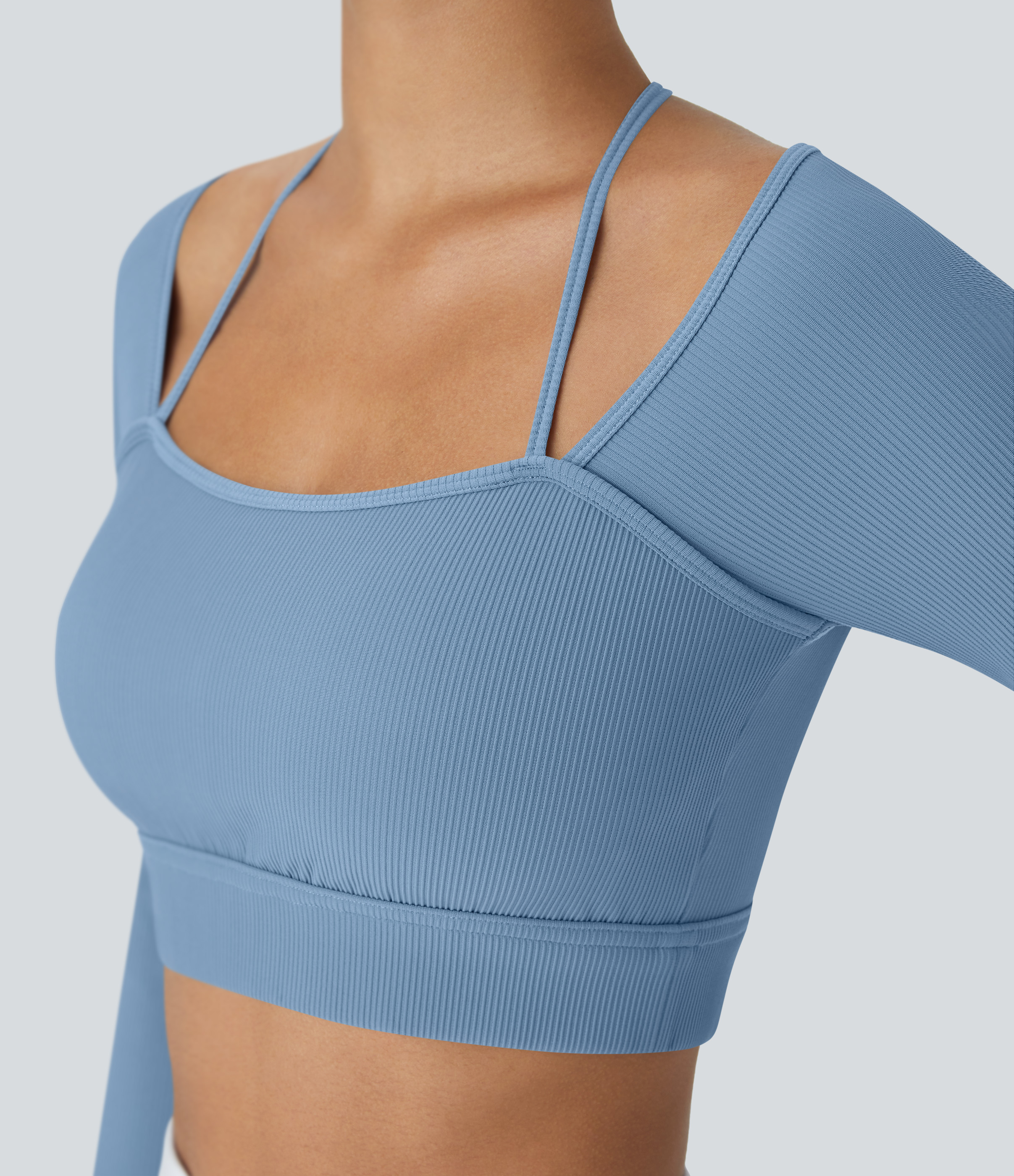 Halara Ribbed Halter Strap Thumb Hole Cropped Yoga Sports Top  - Quiet Harbor - L 