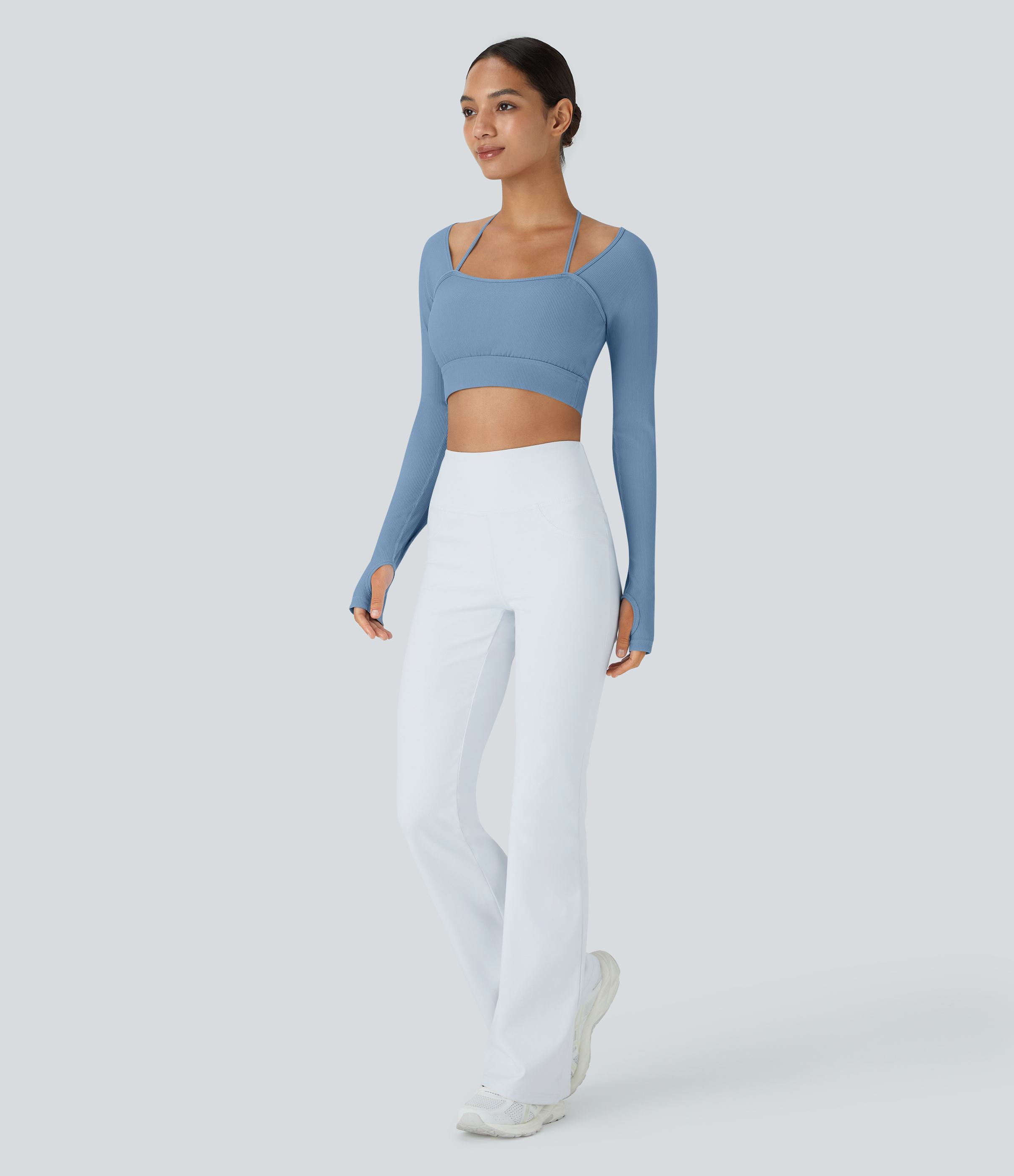 Halara Ribbed Halter Strap Thumb Hole Cropped Yoga Sports Top  - Quiet Harbor - L 