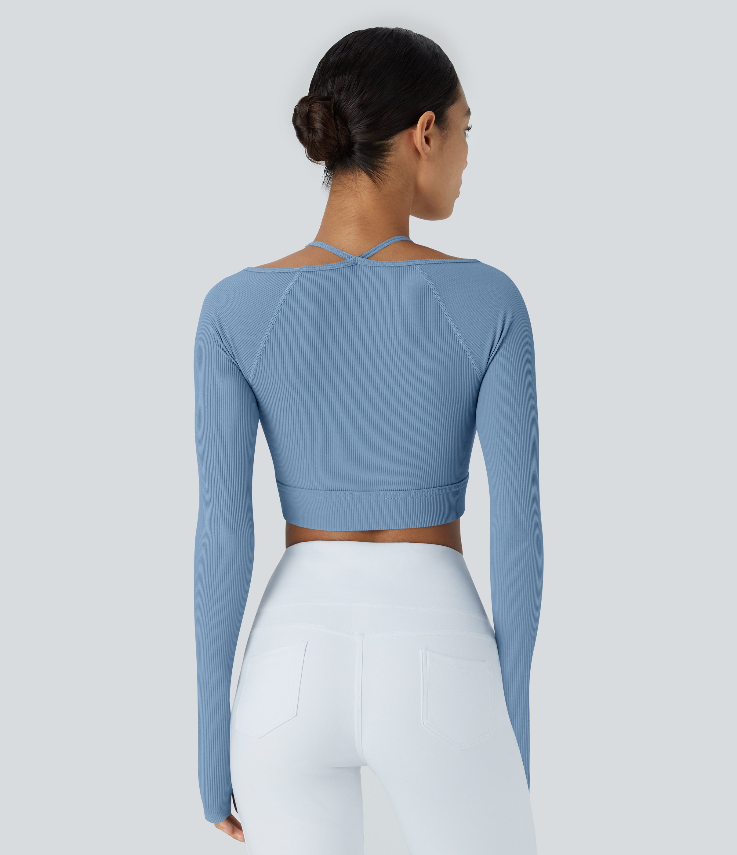 Halara Ribbed Halter Strap Thumb Hole Cropped Yoga Sports Top  - Quiet Harbor - L 
