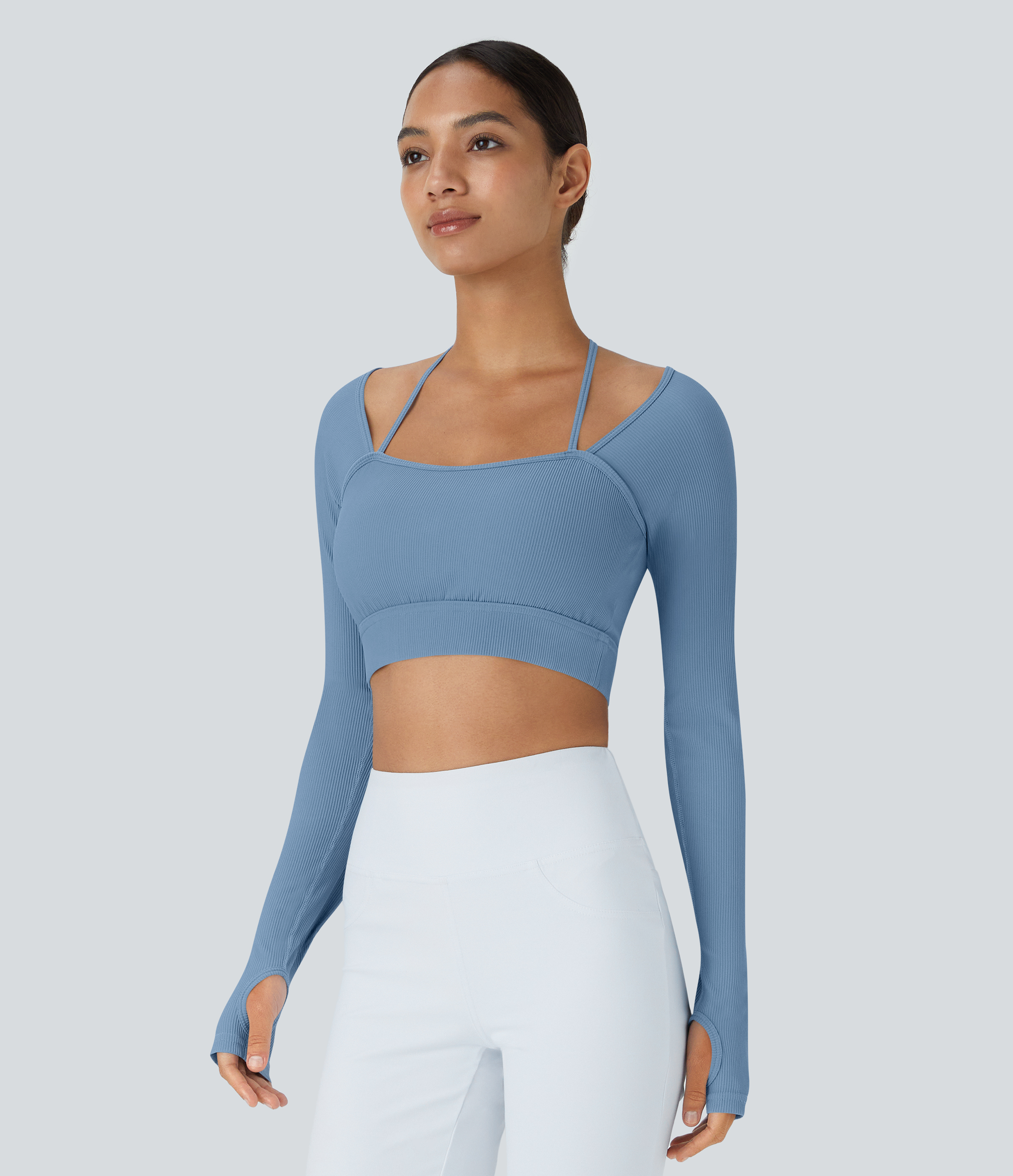 Halara Ribbed Halter Strap Thumb Hole Cropped Yoga Sports Top  - Quiet Harbor - L 
