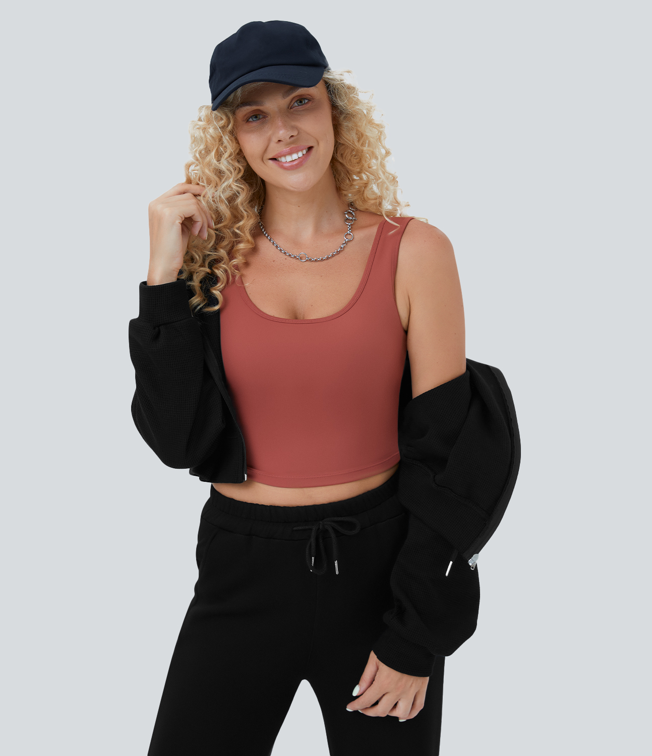 Halara Waffle Hooded Drawstring Zipper Cropped Casual Cotton Sports Sweatshirt  - Black - S 