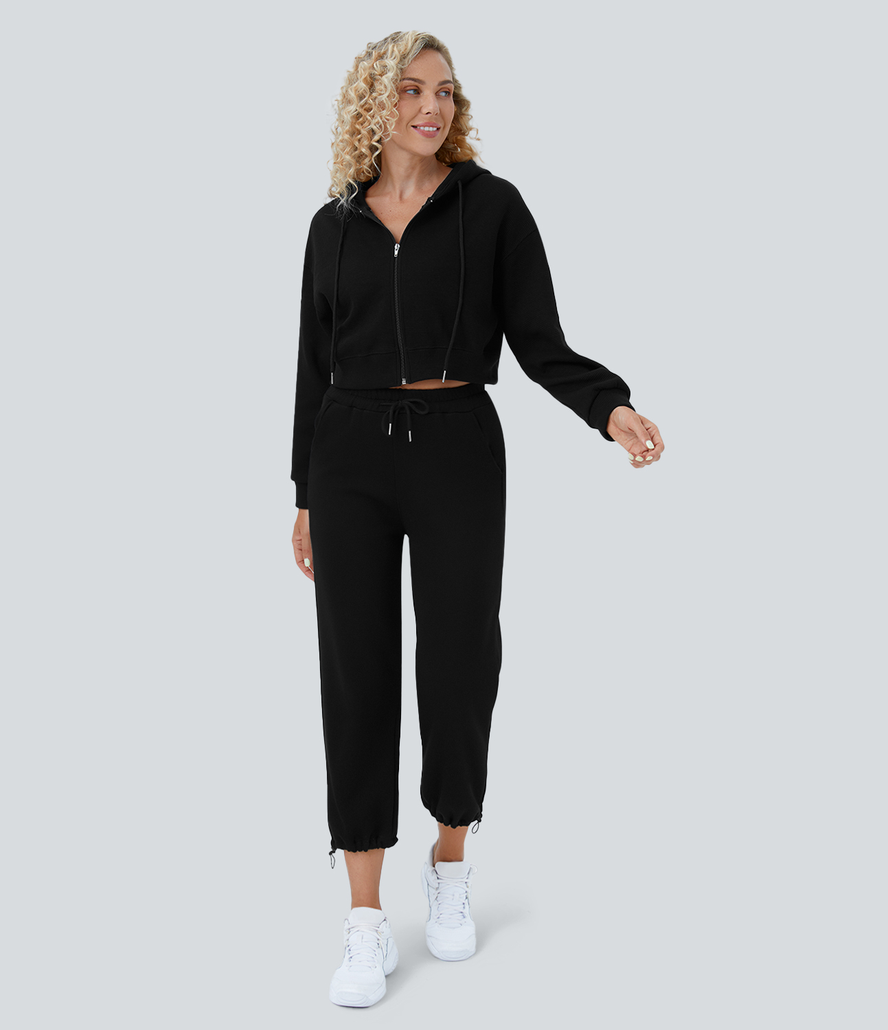 Halara Waffle Hooded Drawstring Zipper Cropped Casual Cotton Sports Sweatshirt  - Black - S 