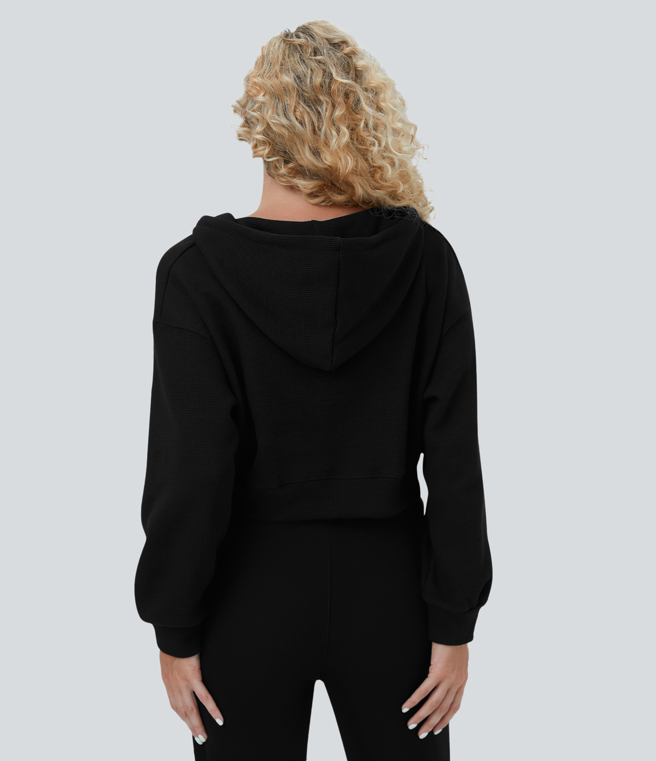Halara Waffle Hooded Drawstring Zipper Cropped Casual Cotton Sports Sweatshirt  - Black - S 