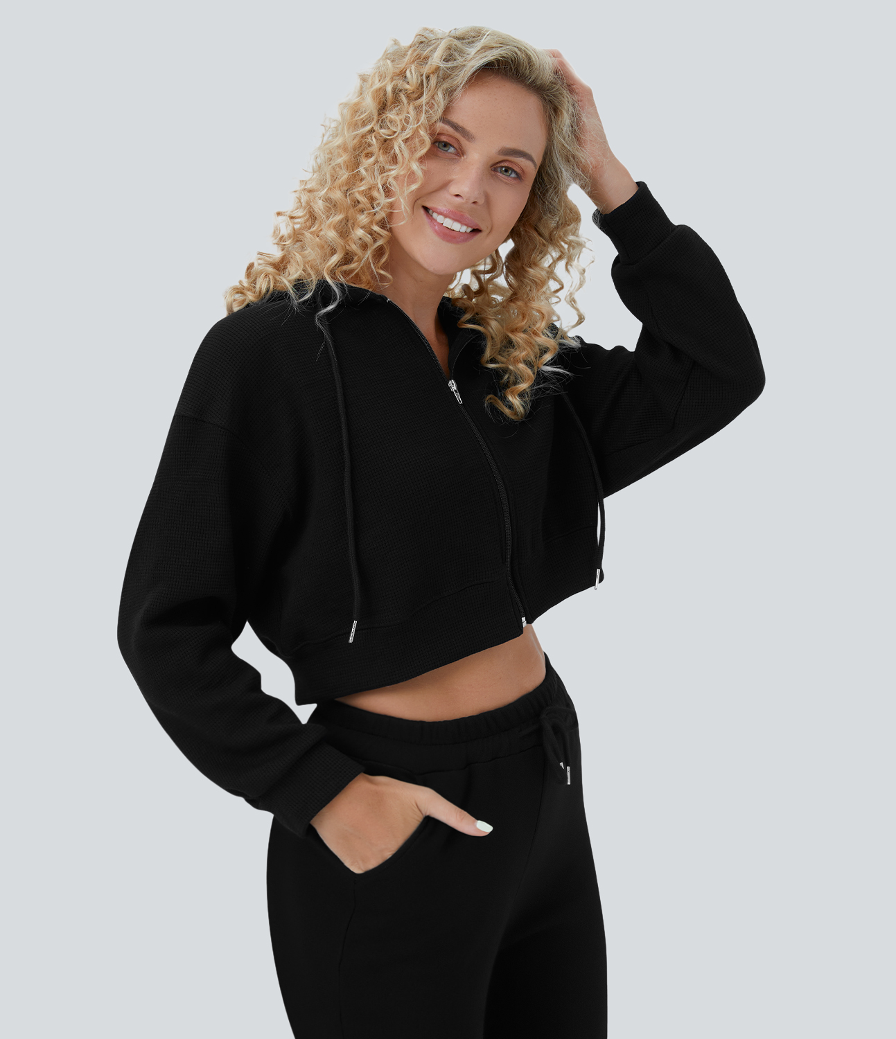 Halara Waffle Hooded Drawstring Zipper Cropped Casual Cotton Sports Sweatshirt  - Black - S 
