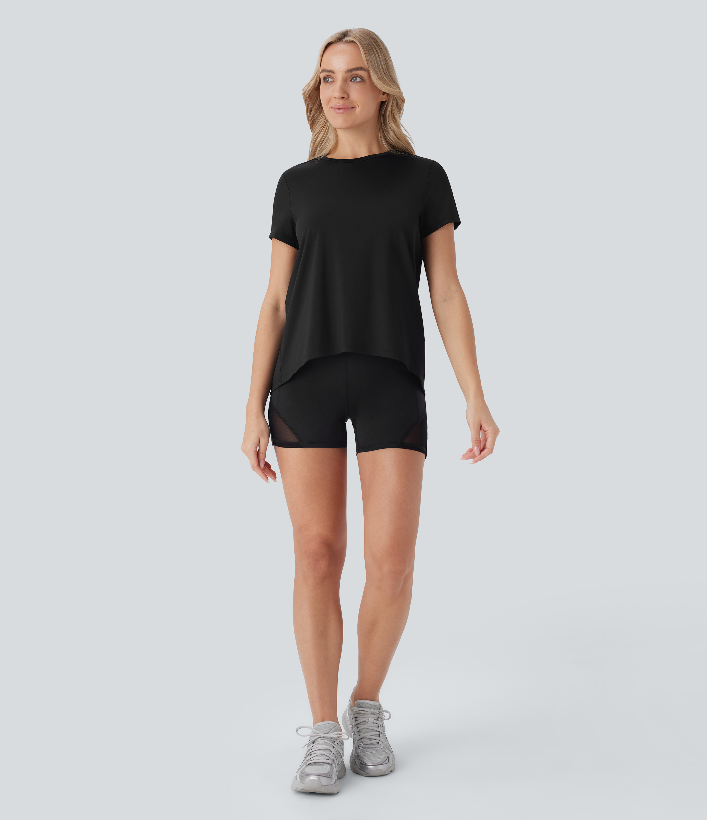 Halara Round Neck Short Sleeve High Low Yoga Sports Top  - Black - XL 