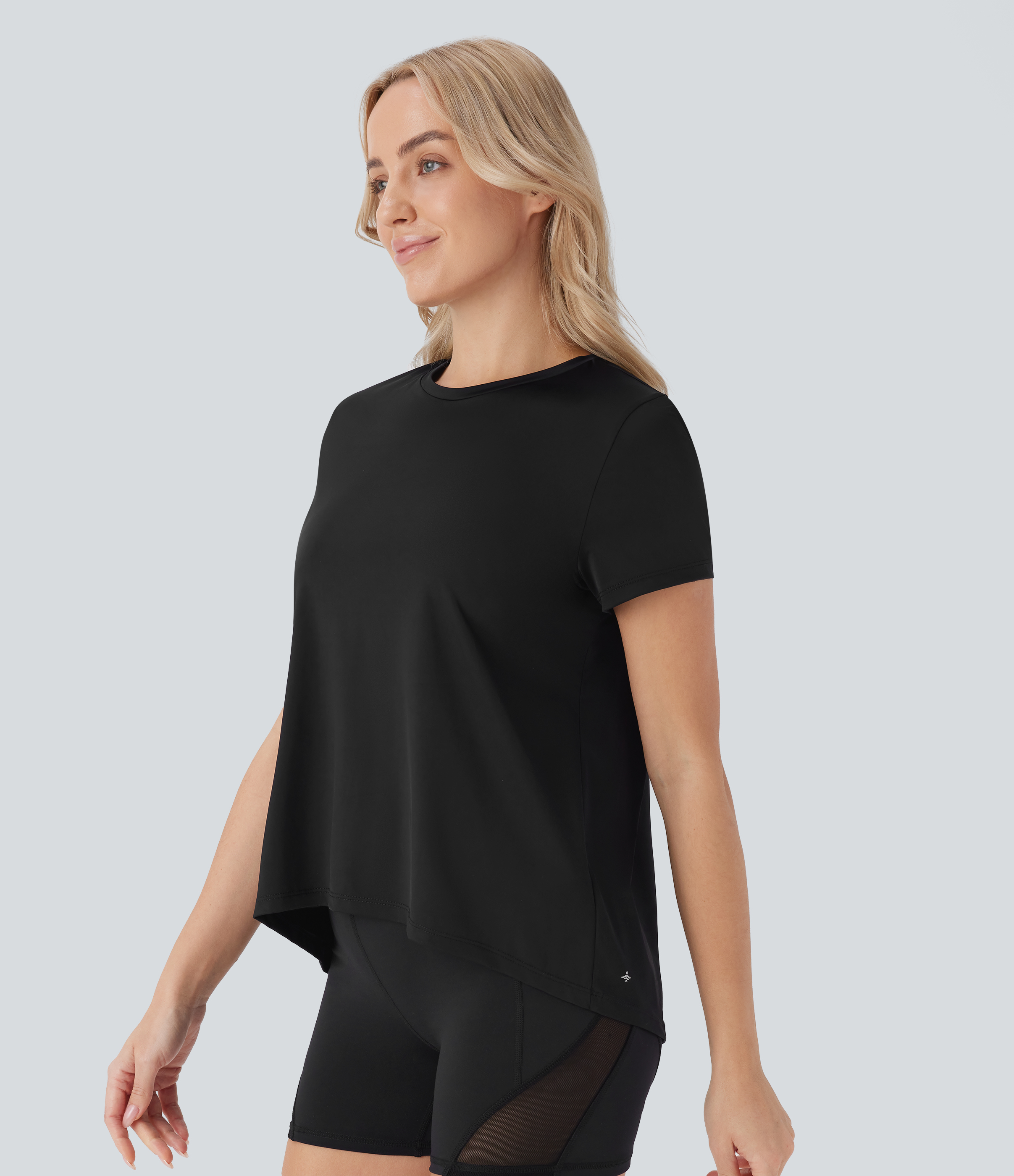 Halara Round Neck Short Sleeve High Low Yoga Sports Top  - Black - XL 