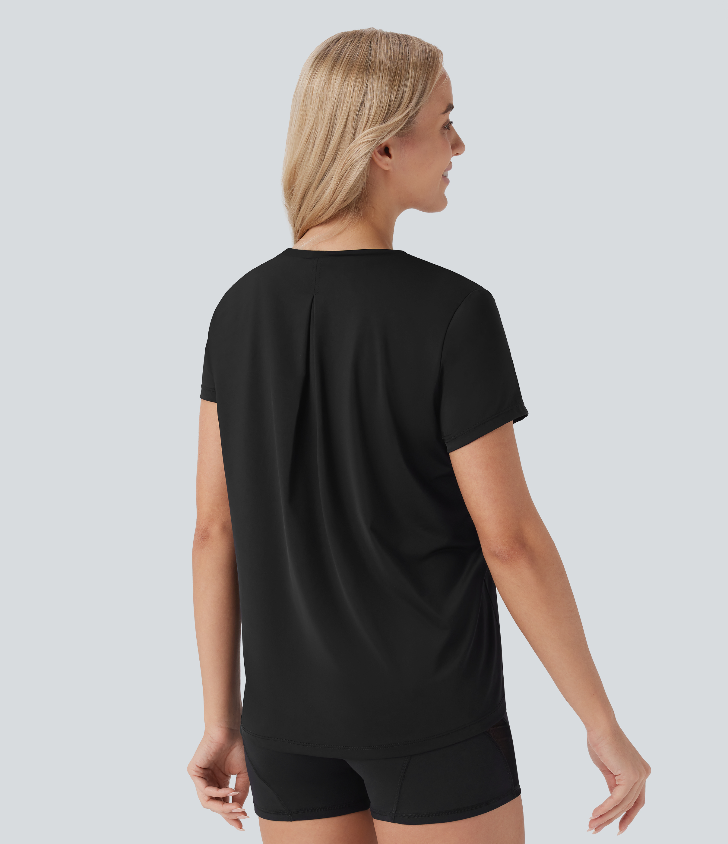 Halara Round Neck Short Sleeve High Low Yoga Sports Top  - Black - XL 