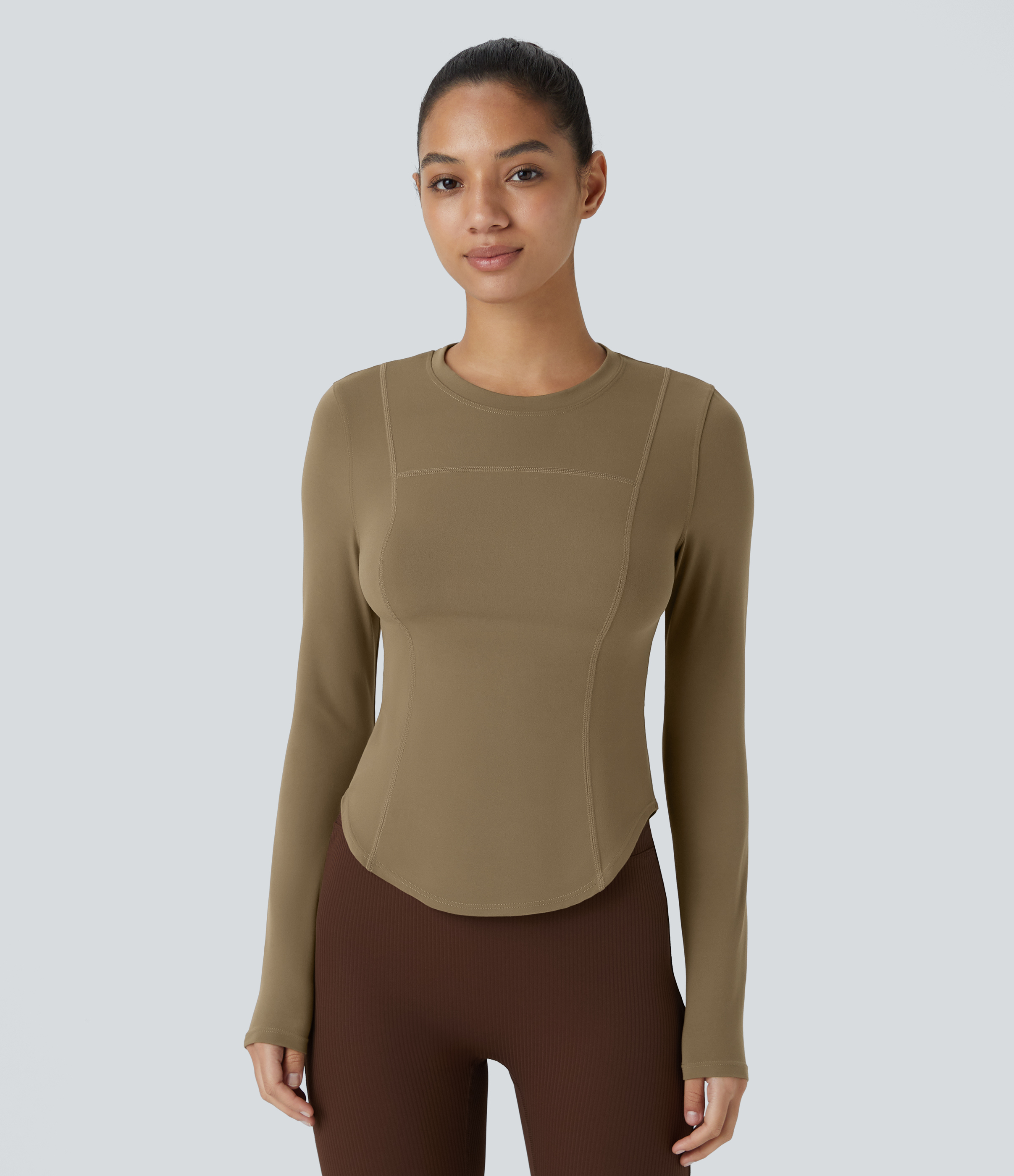 Halara Softlyzeroв„ў Round Neck Long Sleeve Curved Hem Yoga Sports Top  - Chestnut Brown - XS 