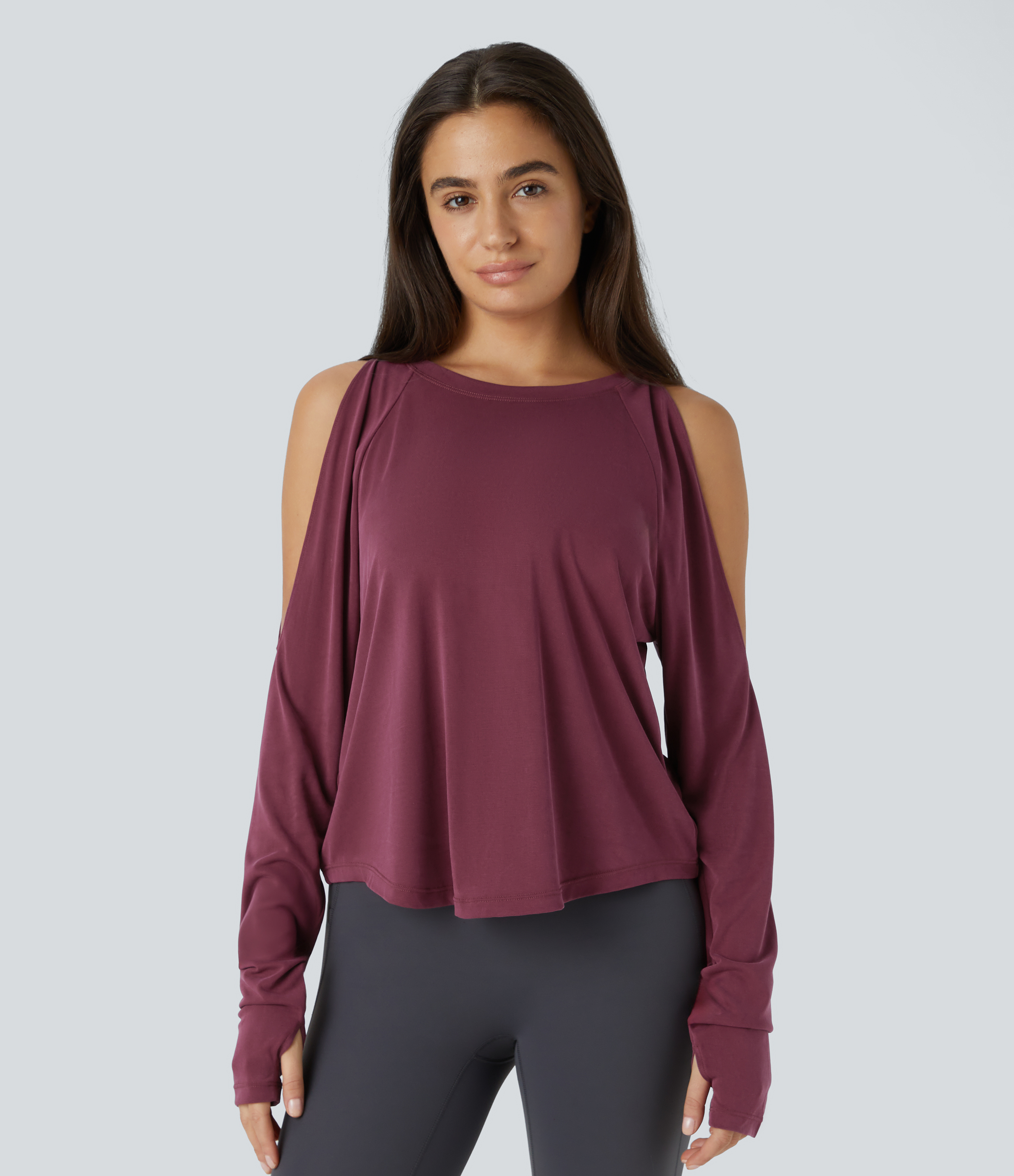 Halara Round Neck Cold Shoulder Long Sleeve Thumb Hole Curved Hem Yoga Sports Top  - Oxblood Red - XL 