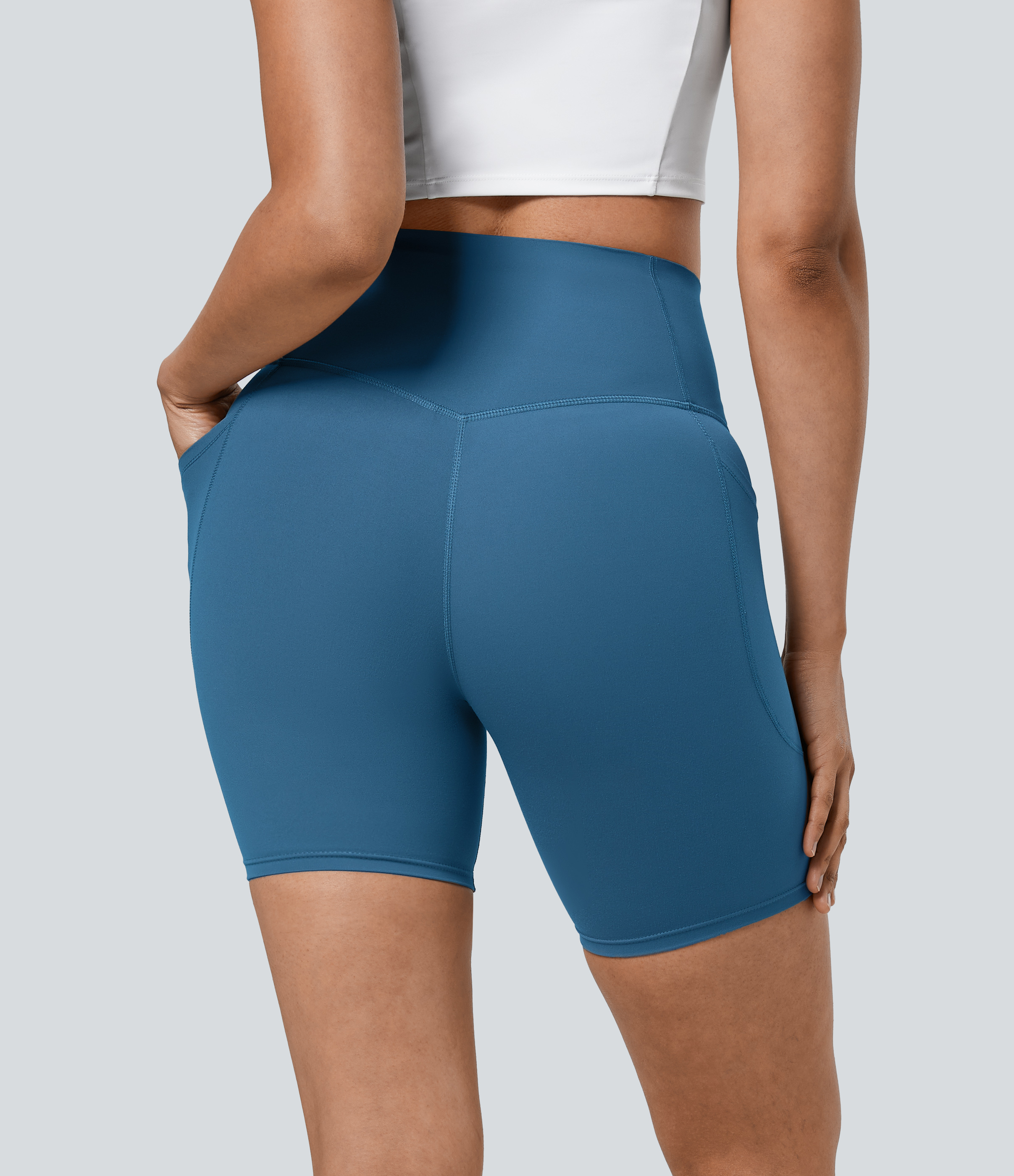 Halara SoCinched High Waisted Tummy Control Side Pocket Shaping Training Biker Shorts 7``  - Vallarta Blue - S biker shorts women 