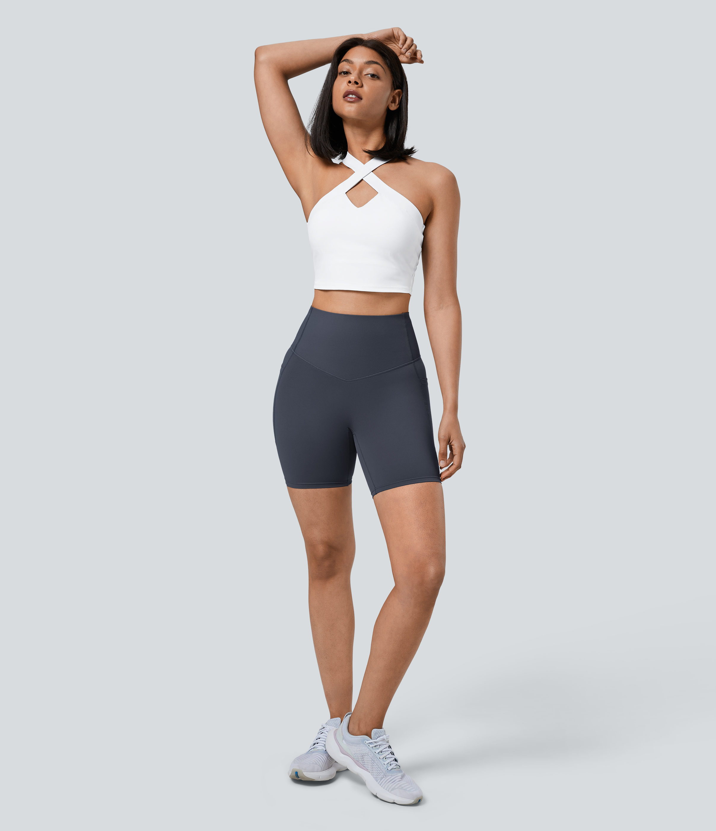 Halara SoCinched High Waisted Tummy Control Side Pocket Shaping Training Biker Shorts 7``  - Silent Blue - XS biker shorts women 