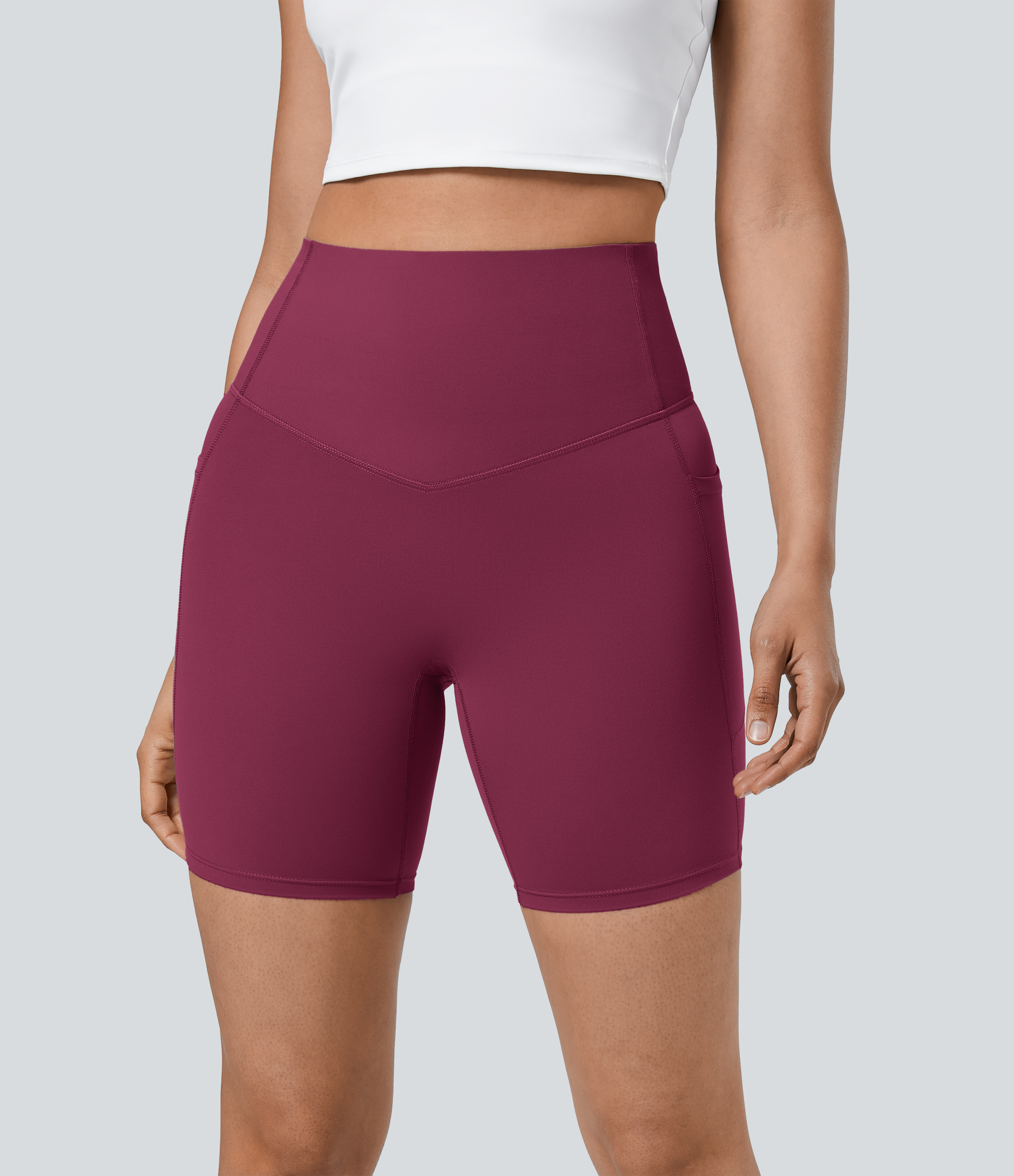Halara SoCinched High Waisted Tummy Control Side Pocket Shaping Training Biker Shorts 7``  - Red Plum - L biker shorts women 