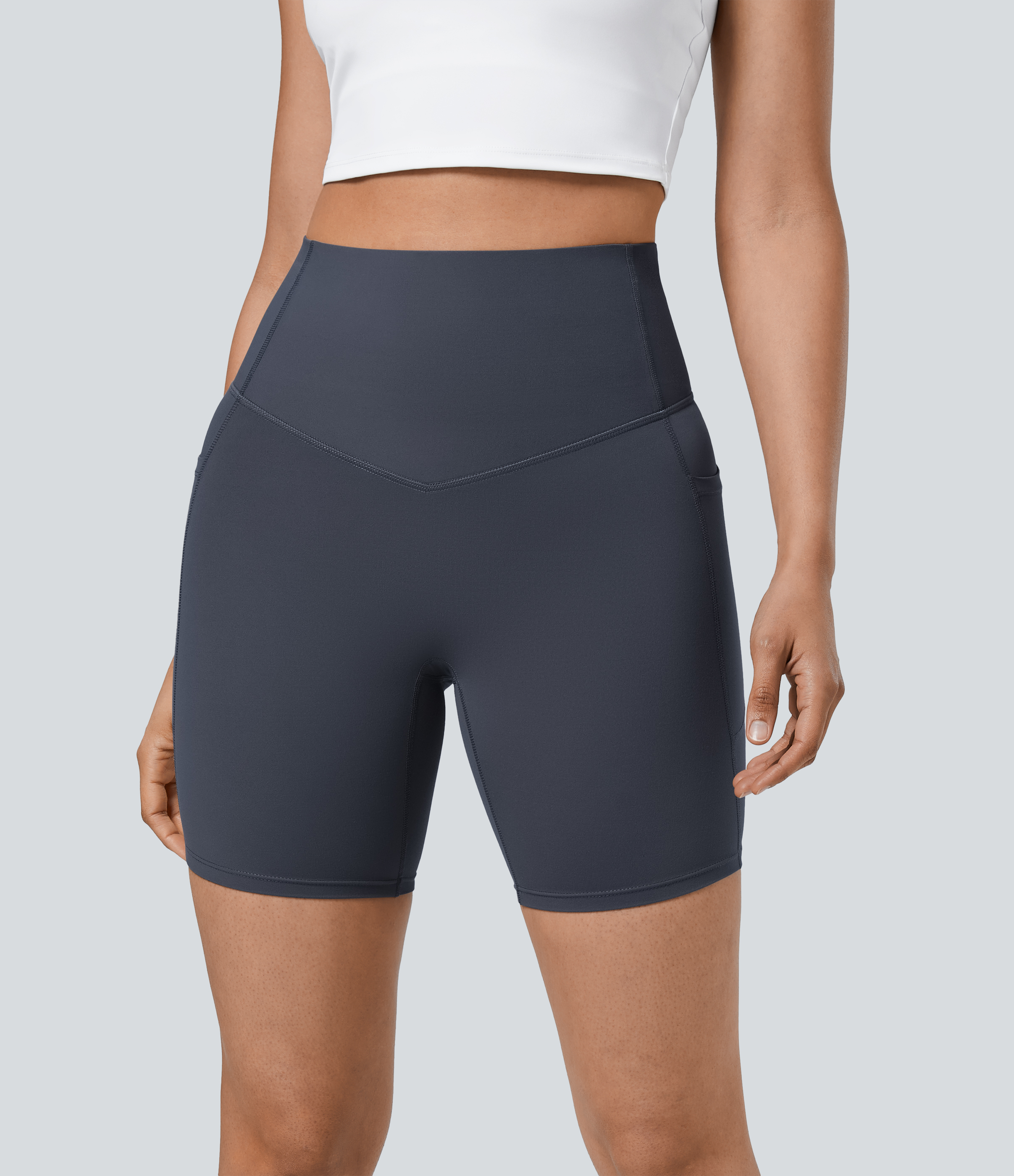 Halara SoCinched High Waisted Tummy Control Side Pocket Shaping Training Biker Shorts 7``  - Silent Blue - XS biker shorts women 
