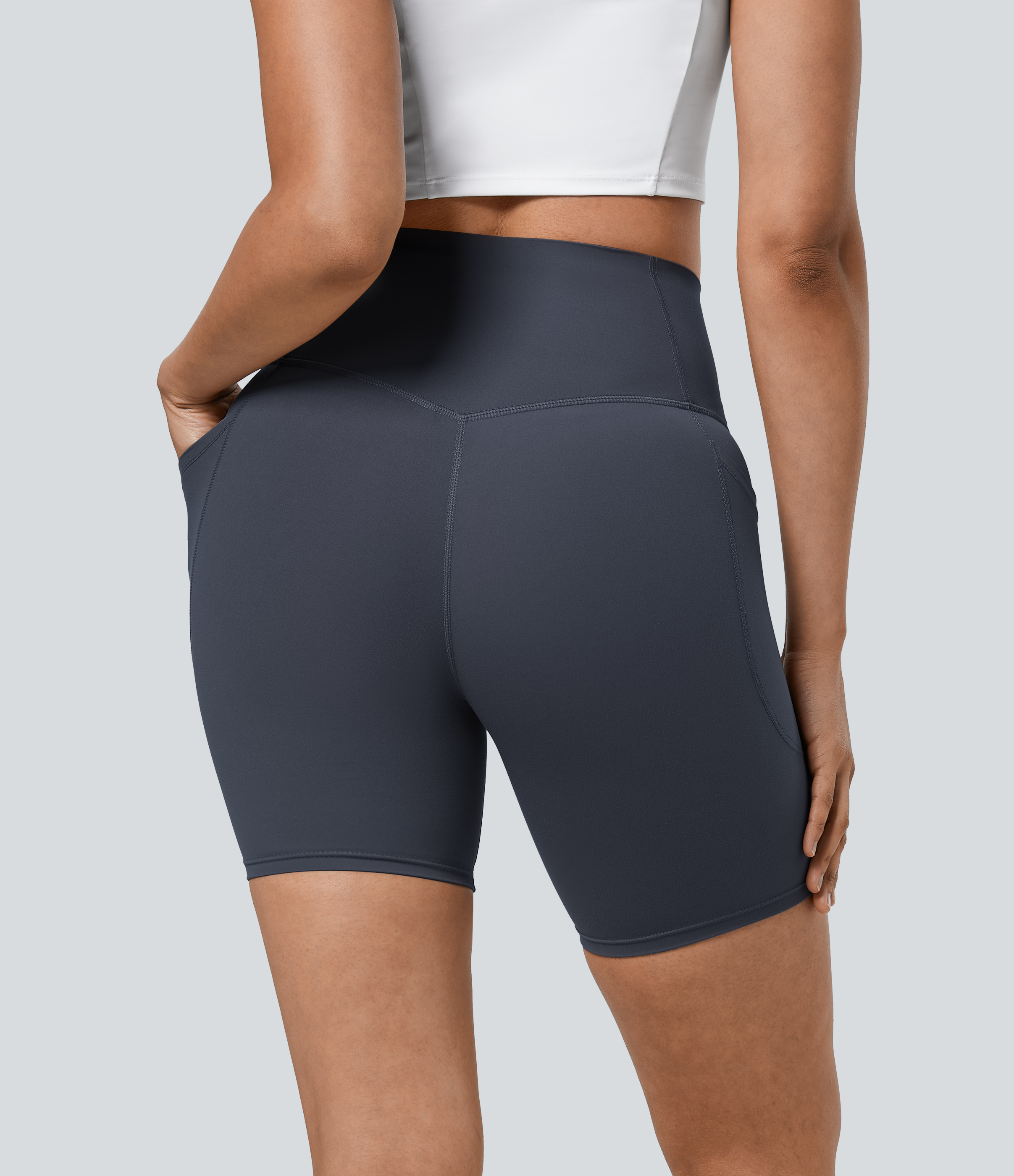 Halara SoCinched High Waisted Tummy Control Side Pocket Shaping Training Biker Shorts 7``  - Silent Blue - XS biker shorts women 