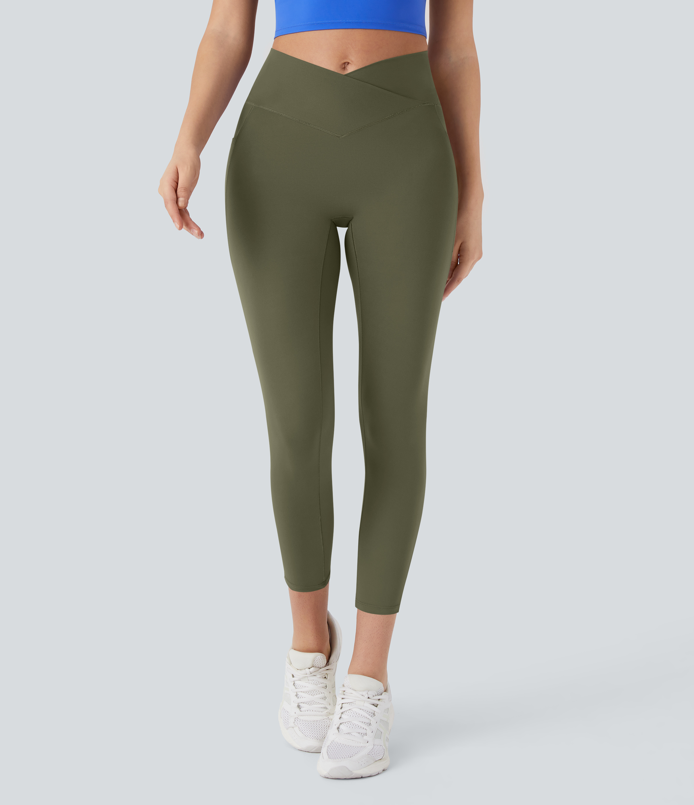 Halara Softlyzeroв„ў High Waisted Crossover Pocket Capri Yoga Leggings-UPF50+  - Grass Grey Green - XL gym leggings leggings with pockets 