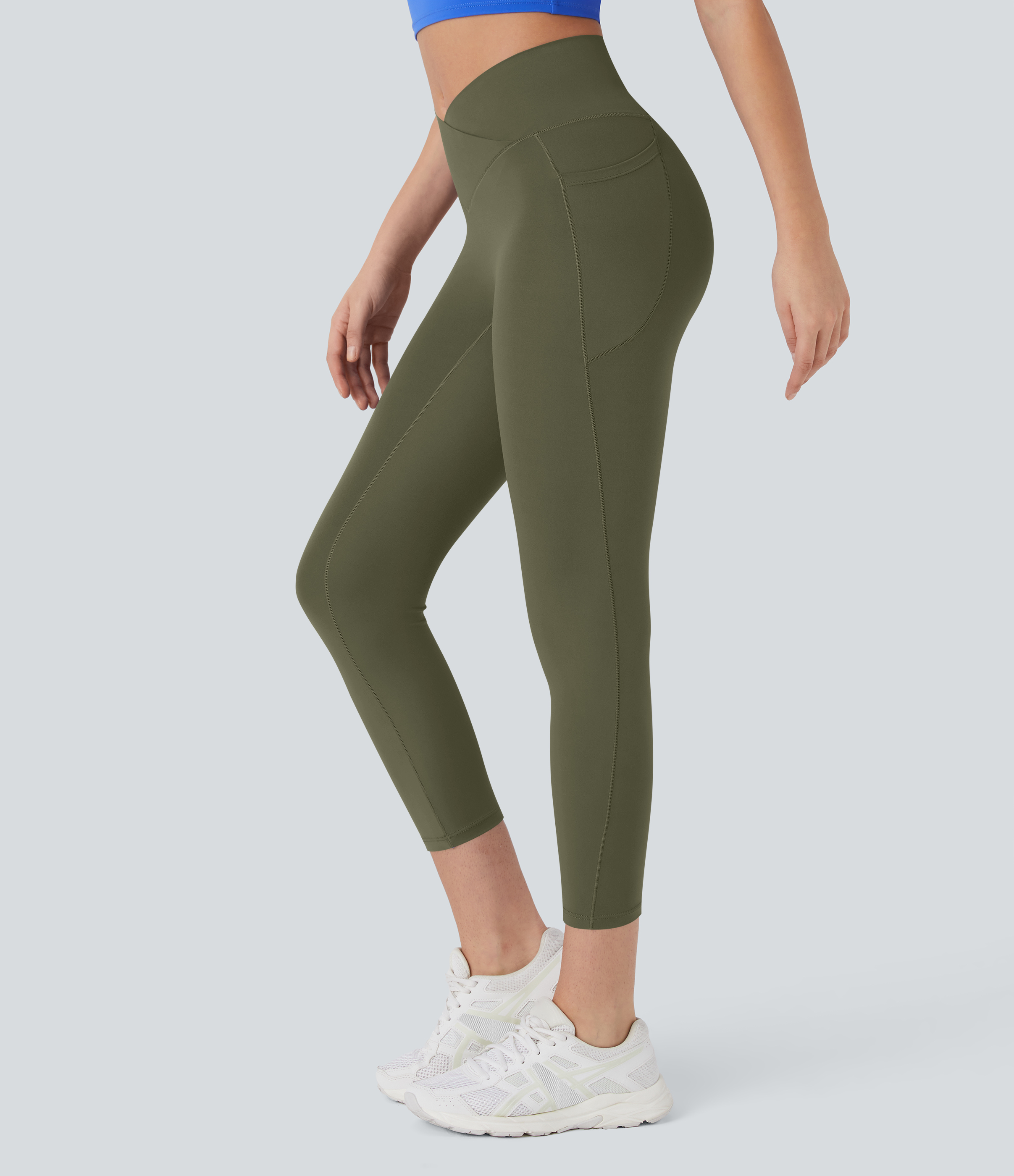 Halara Softlyzeroв„ў High Waisted Crossover Pocket Capri Yoga Leggings-UPF50+  - Grass Grey Green - XL gym leggings leggings with pockets 