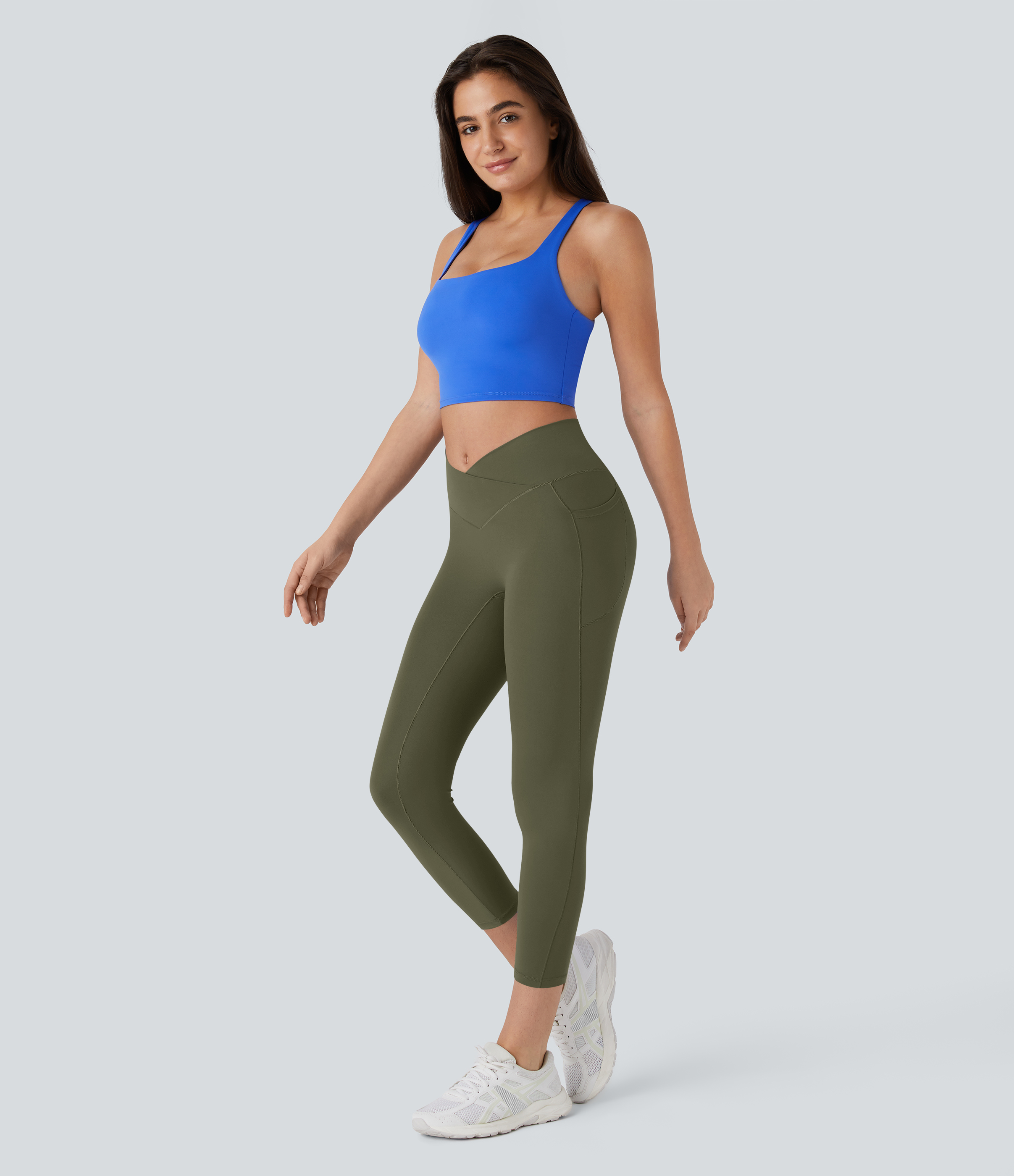 Halara Softlyzeroв„ў High Waisted Crossover Pocket Capri Yoga Leggings-UPF50+  - Grass Grey Green - XL gym leggings leggings with pockets 