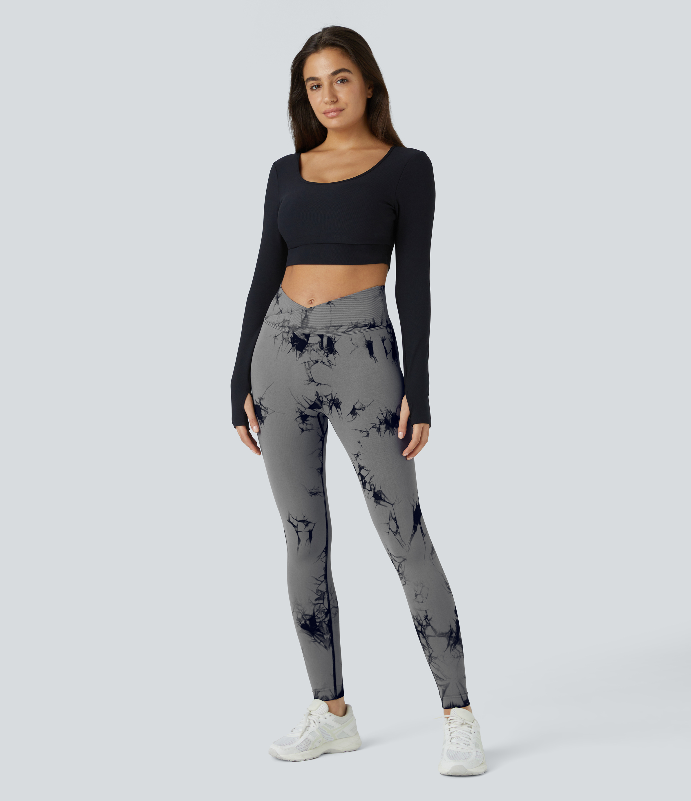 Halara Seamless Flow High Waisted Crossover Ruched Tie Dye Yoga Leggings  - Gray Black Tie Dye - XS gym leggings leggings with pockets 