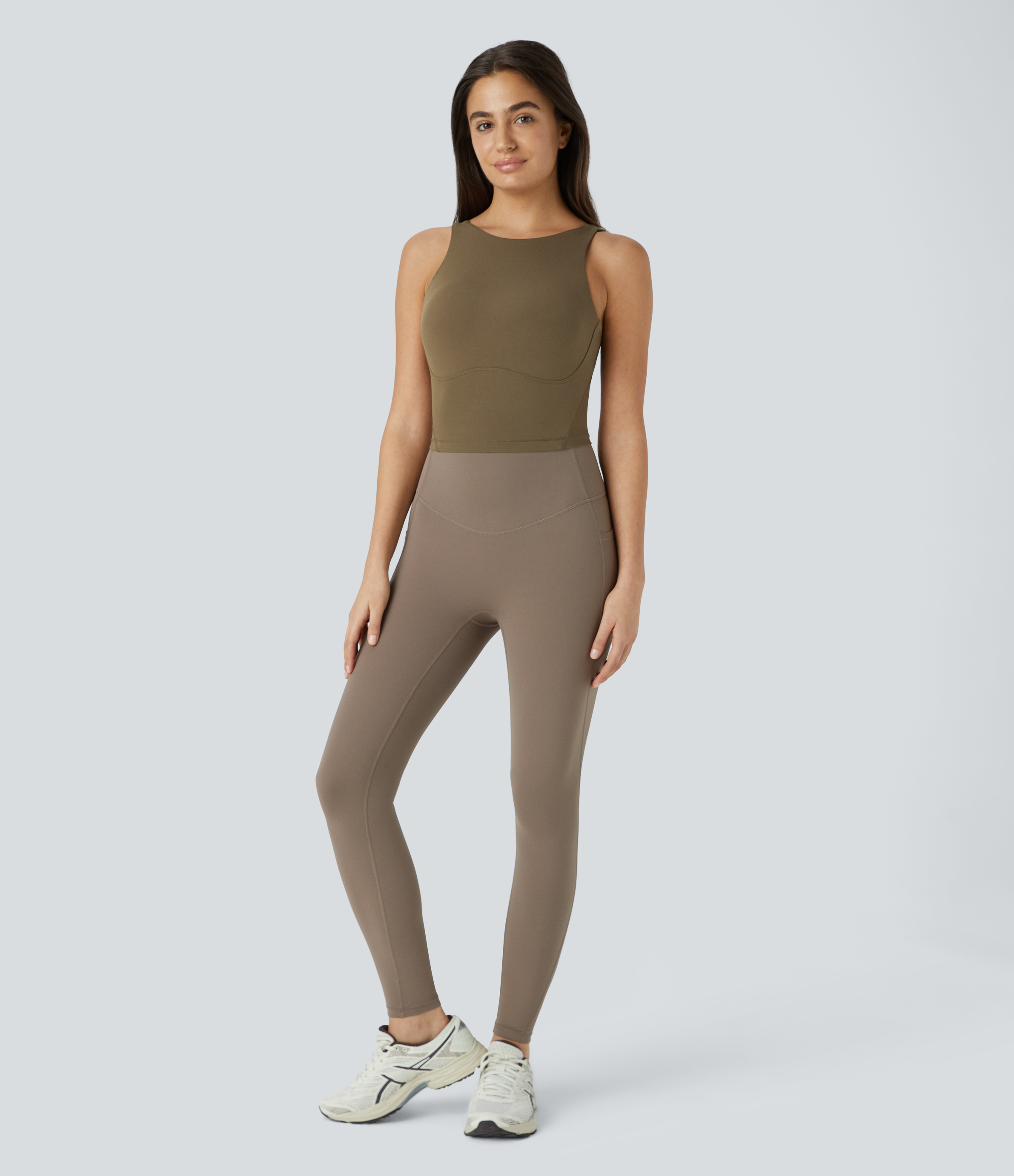 Halara Softlyzeroв„ў Round Neck Backless U Back Solid Cropped Yoga Tank Top Tank Top - Chestnut Brown - XS golf tops halter top tunic tops 