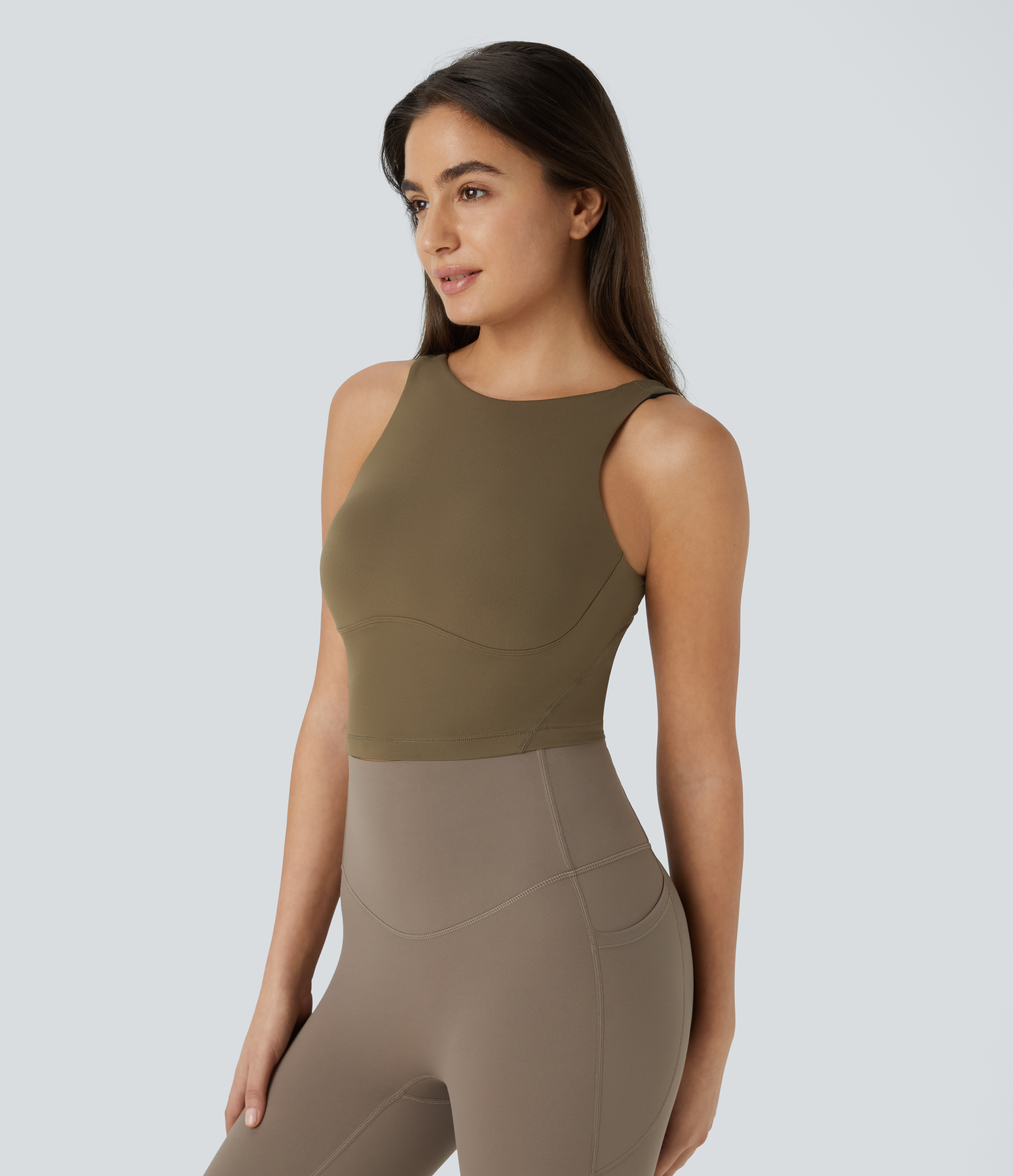 Halara Softlyzeroв„ў Round Neck Backless U Back Solid Cropped Yoga Tank Top Tank Top - Chestnut Brown - XS golf tops halter top tunic tops 
