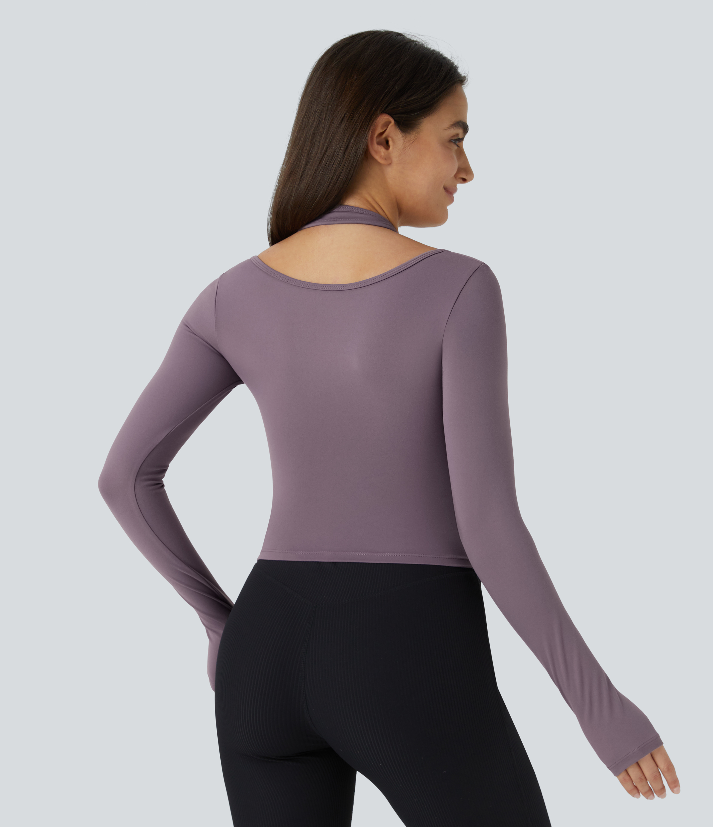 Halara Softlyzeroв„ў Plush Halter Thumb Hole Long Sleeve 2-in-1 Yoga Sports Top  - Tulip Purple - L(Long) 