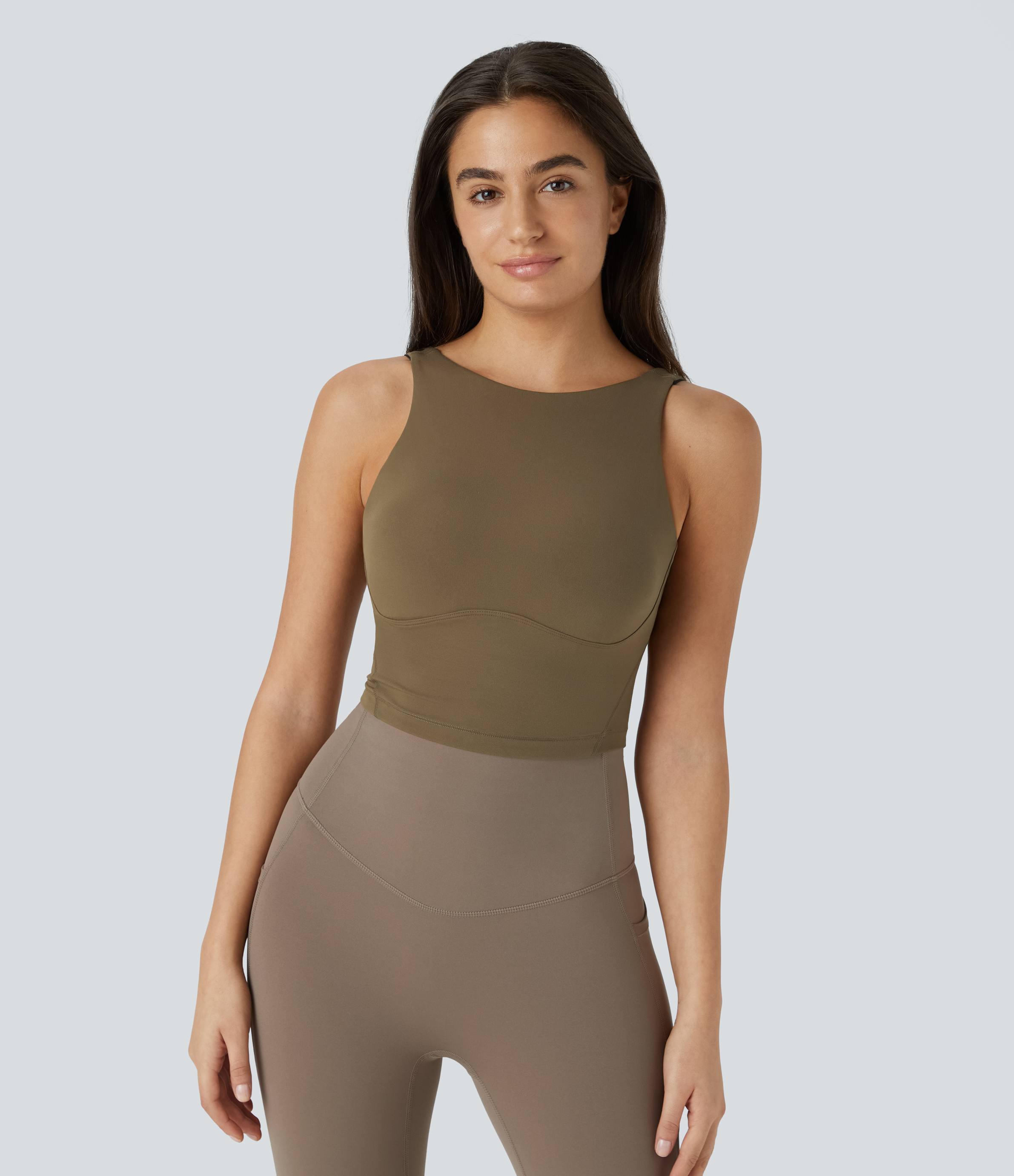 Halara Softlyzeroв„ў Round Neck Backless U Back Solid Cropped Yoga Tank Top Tank Top - Chestnut Brown - XS golf tops halter top tunic tops 