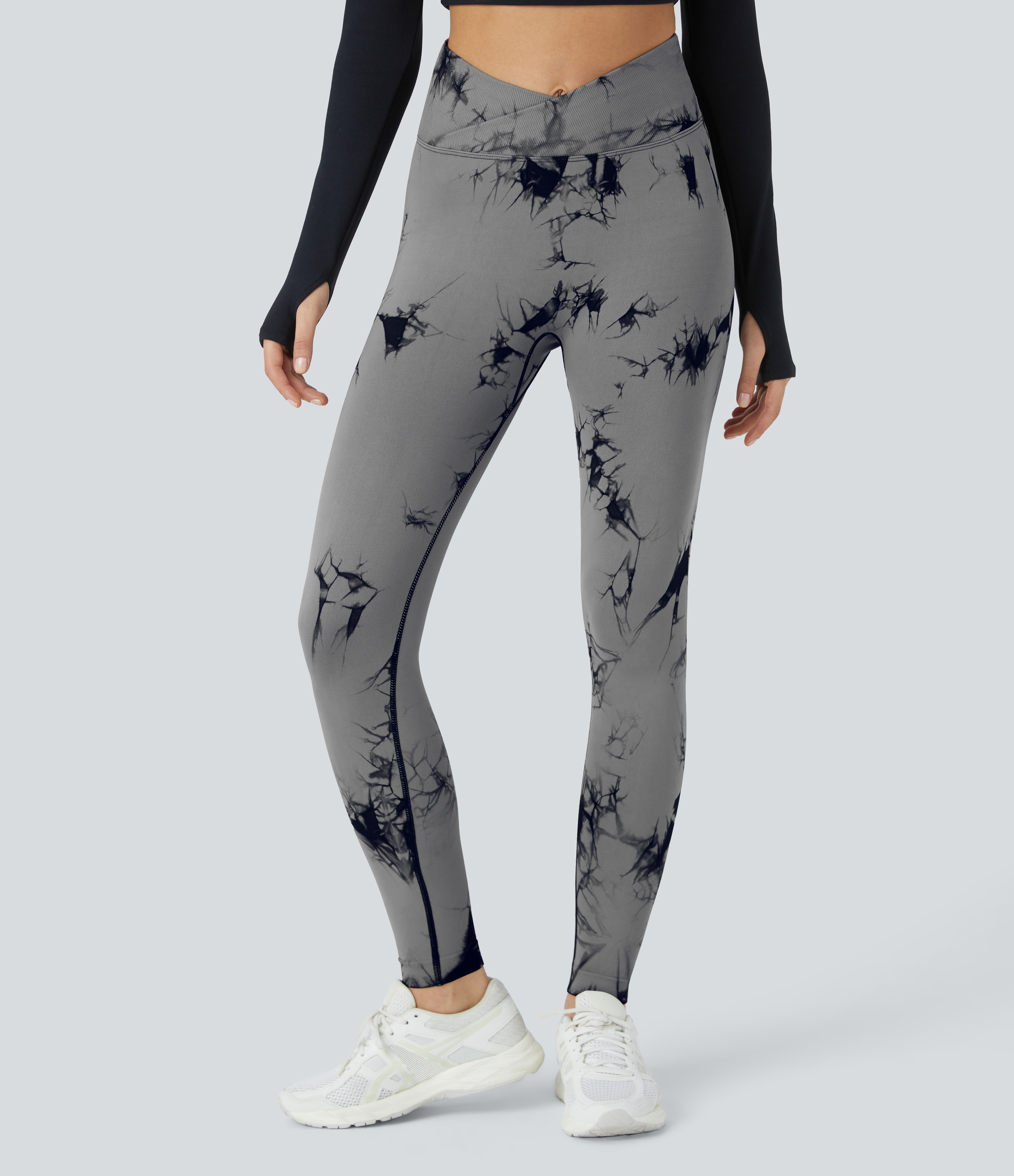 Halara Seamless Flow High Waisted Crossover Ruched Tie Dye Yoga Leggings  - Gray Black Tie Dye - XS gym leggings leggings with pockets 