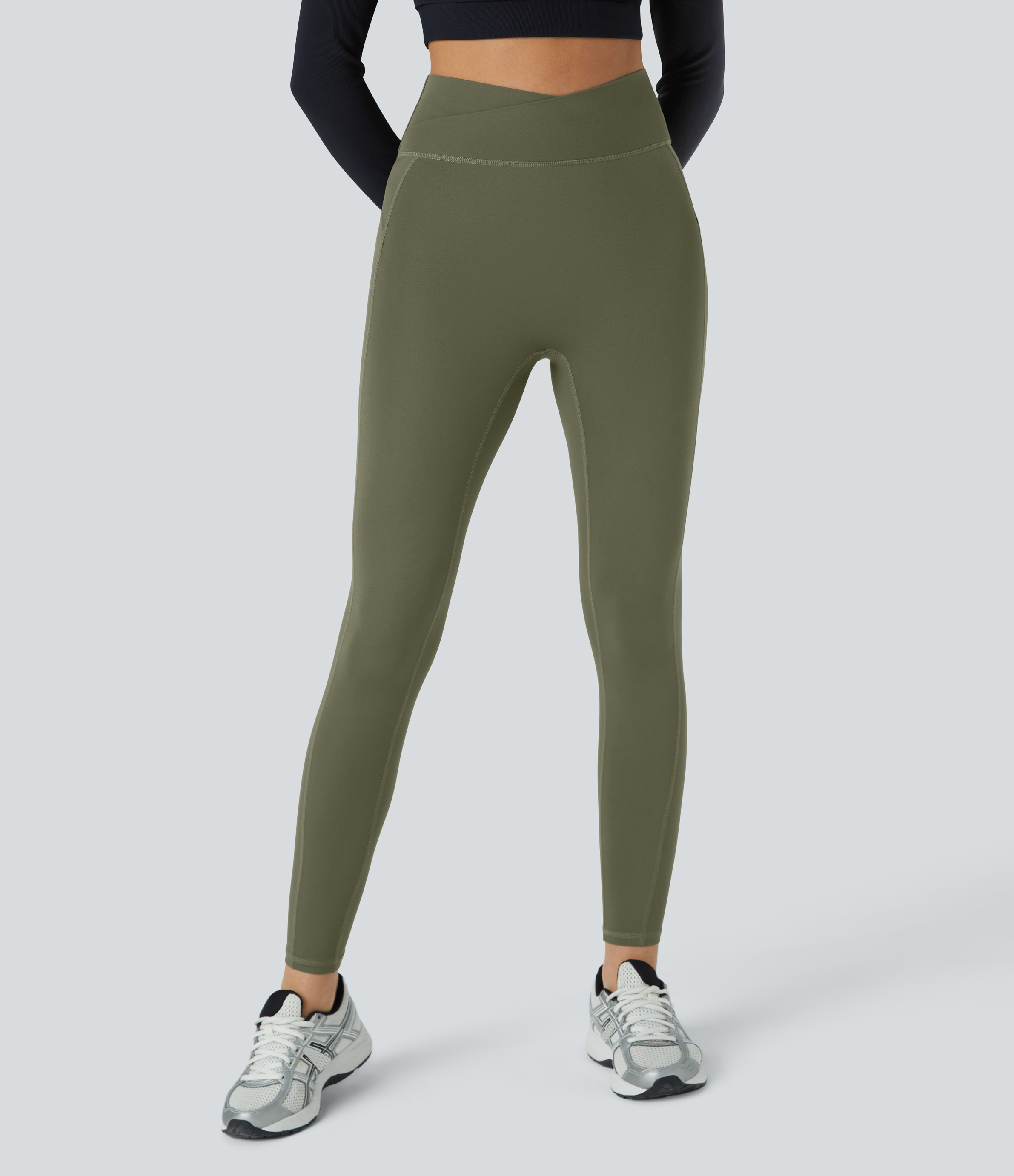 Halara Softlyzeroв„ў High Waisted Crossover Ruched Yoga 7/8 Leggings  - Grass Grey Green - L gym leggings leggings with pockets 
