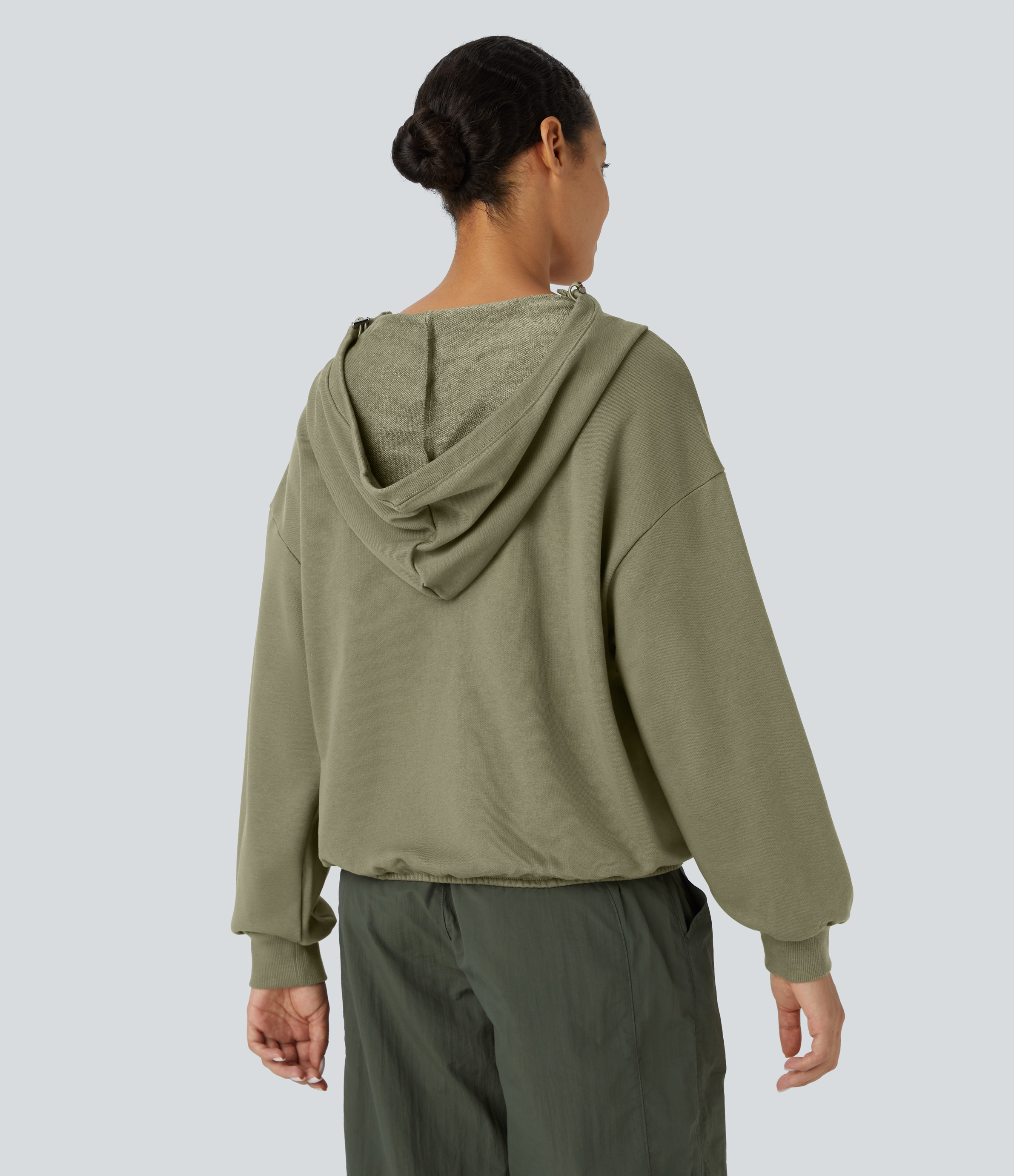 Halara Hooded Drawcord Half Zip Long Sleeve Kangaroo Pocket Casual Sweatshirt  - Aloe - L 