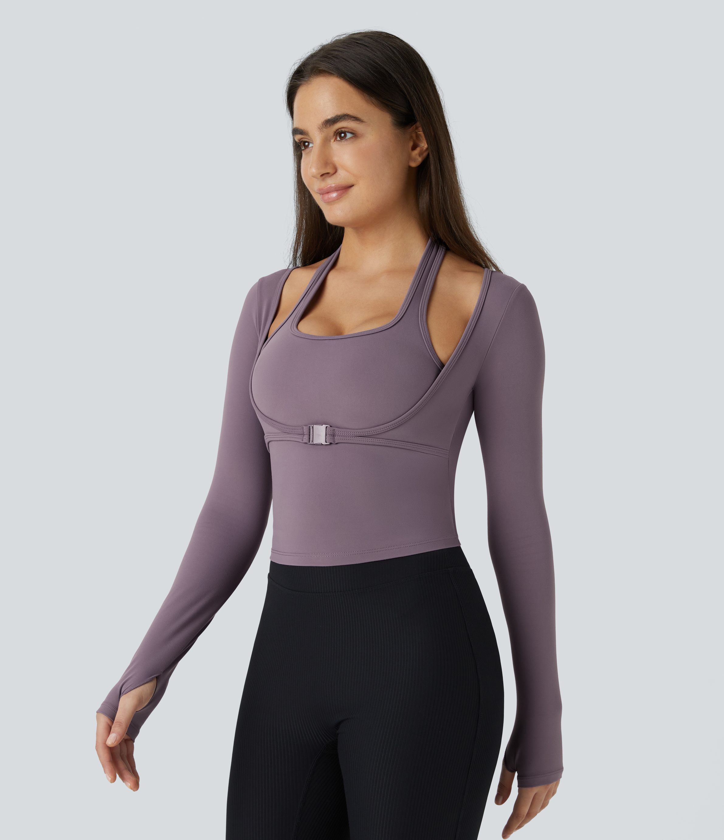 Halara Softlyzeroв„ў Plush Halter Thumb Hole Long Sleeve 2-in-1 Yoga Sports Top  - Tulip Purple - L(Long) 