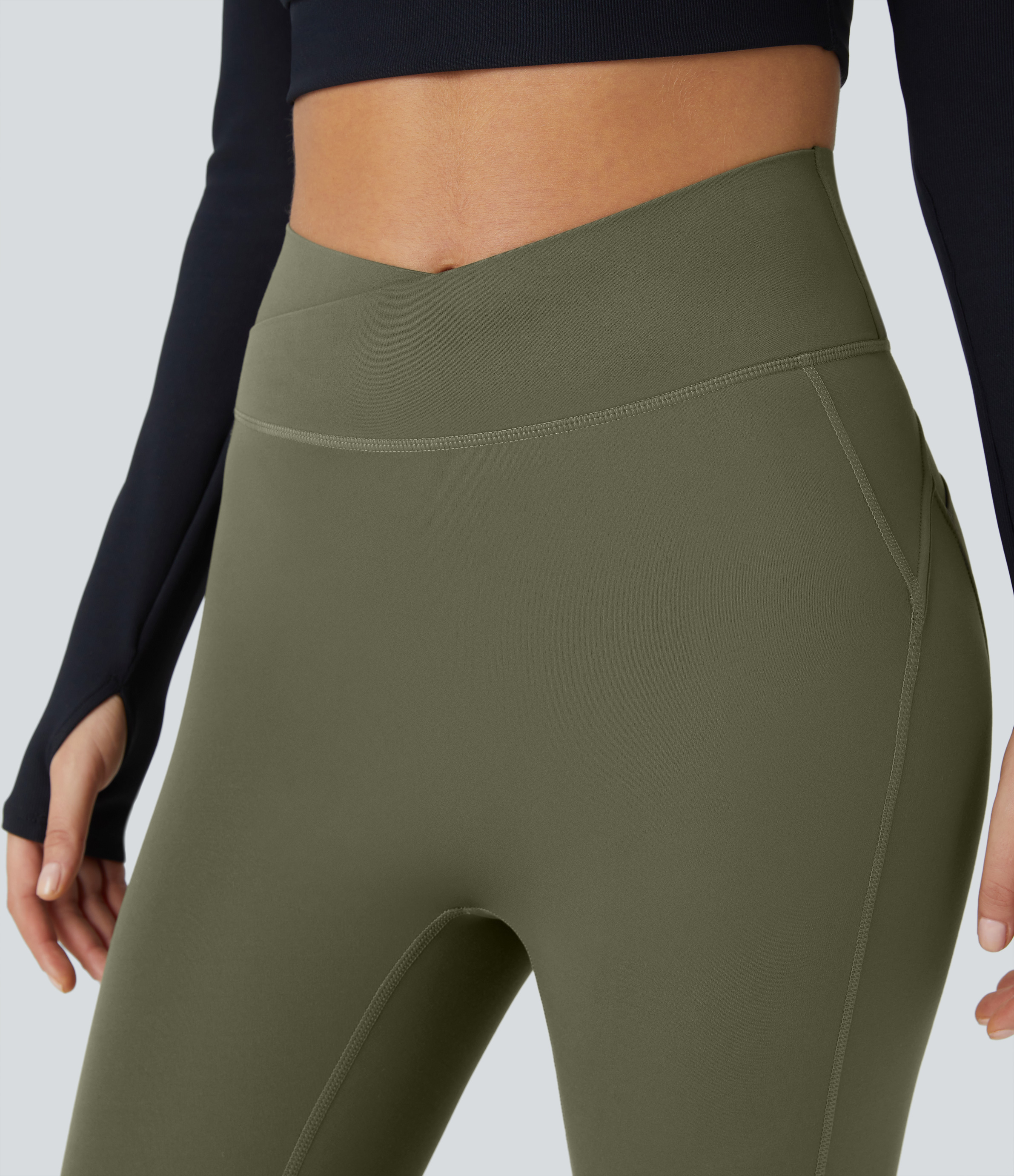 Halara Softlyzeroв„ў High Waisted Crossover Ruched Yoga 7/8 Leggings  - Grass Grey Green - L gym leggings leggings with pockets 