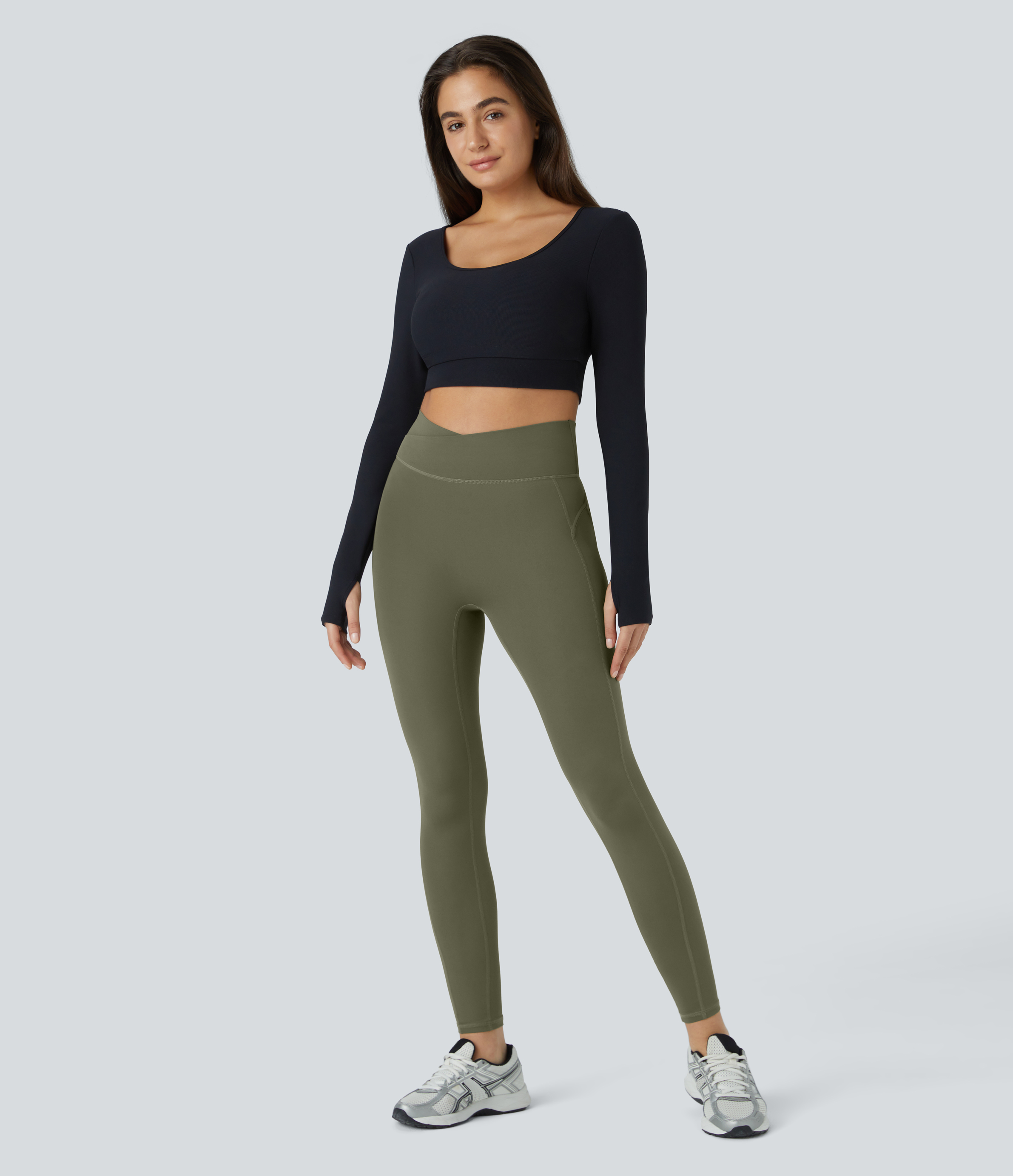 Halara Softlyzeroв„ў High Waisted Crossover Ruched Yoga 7/8 Leggings  - Grass Grey Green - L gym leggings leggings with pockets 