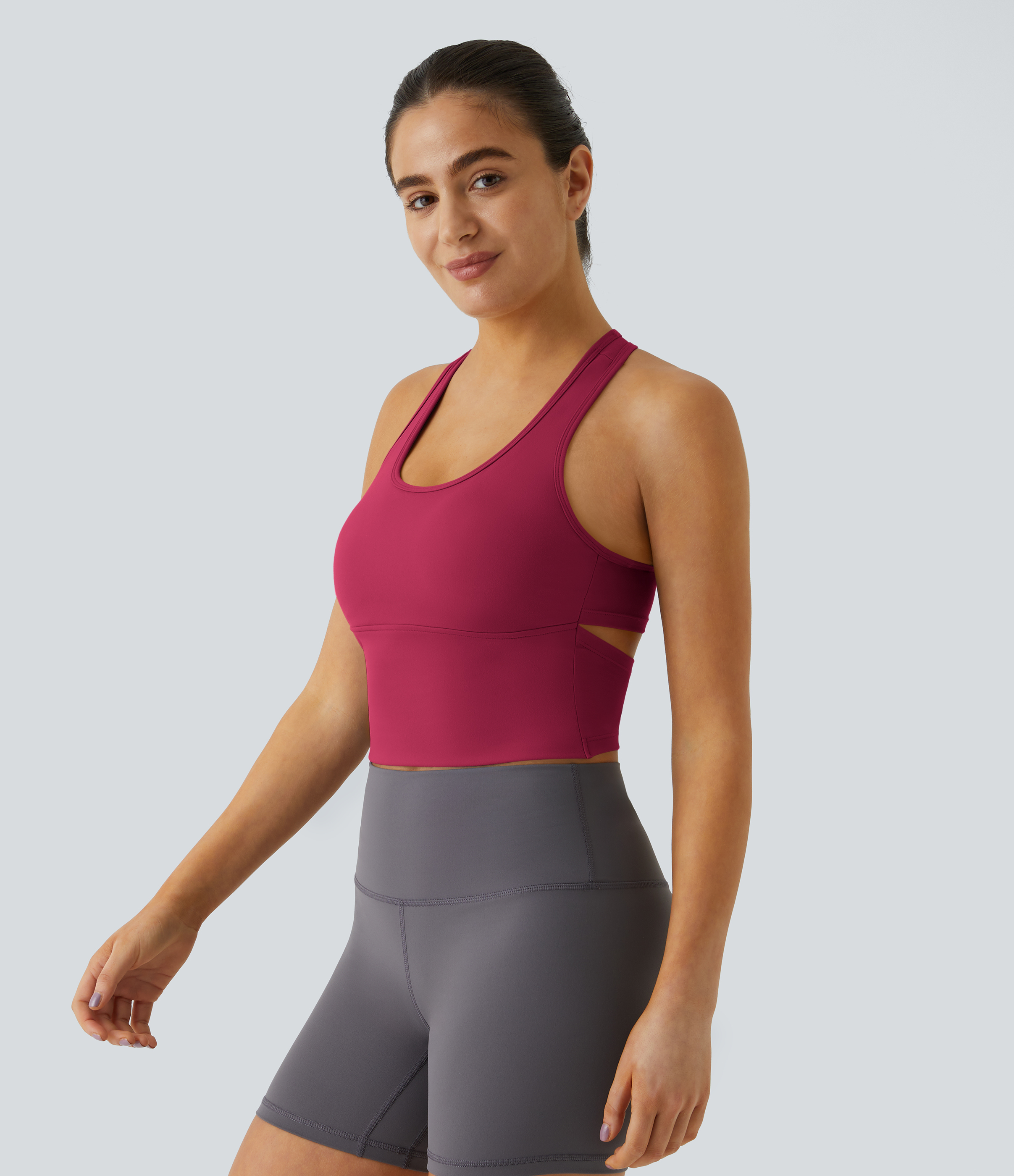 Halara In My Feels Cloudfulв„ў Fabric U Neck Backless Racerback Cut Out Cropped Yoga Tank Top Tank Top - Cherries Jubilee - XS golf tops 