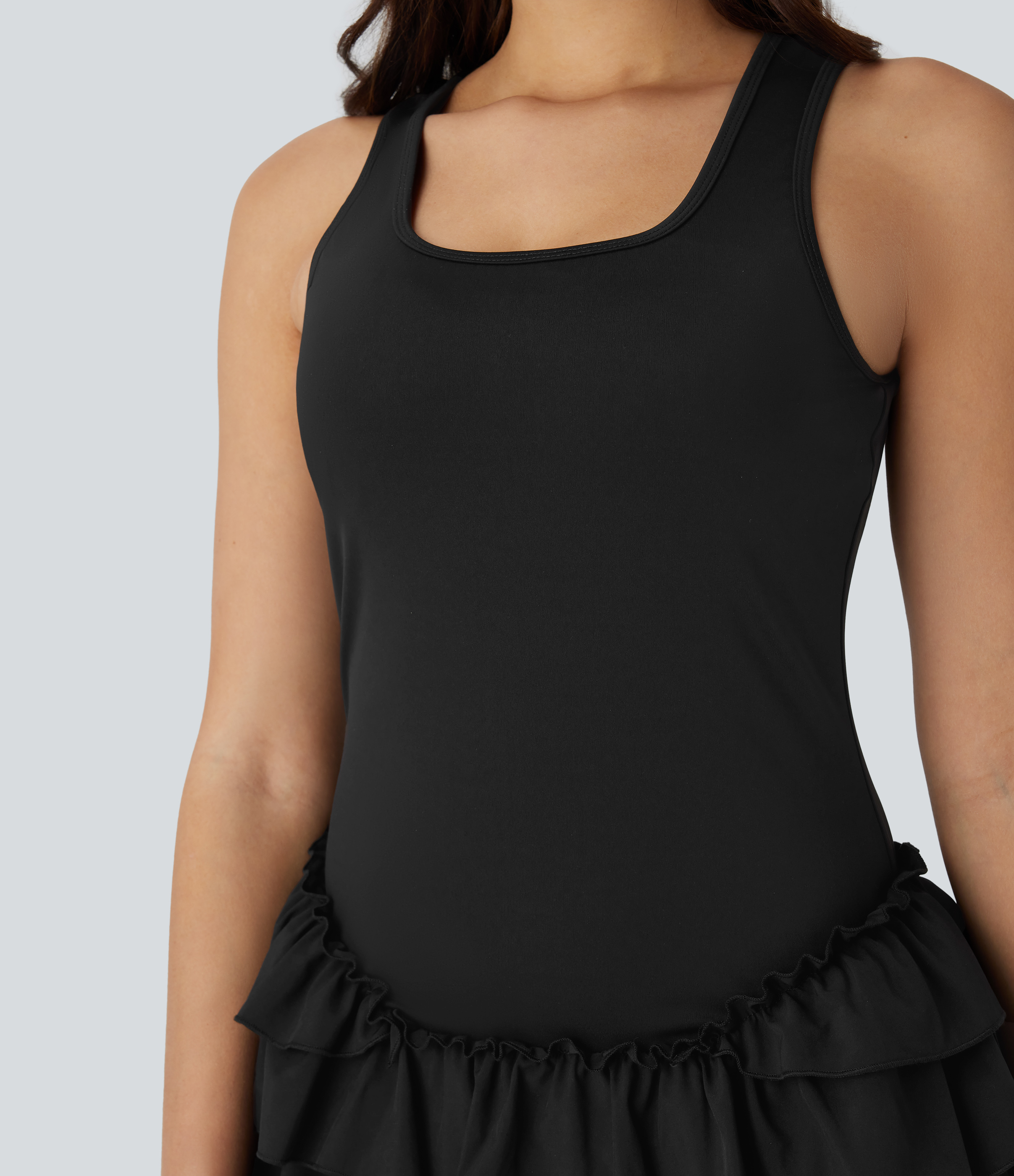Halara Breezefulв„ў Square Neck Layered Ruffle 2 Piece Side Pocket Micro Mini Quick Dry Dance Active Dress Workout Dress - Black - XS 
