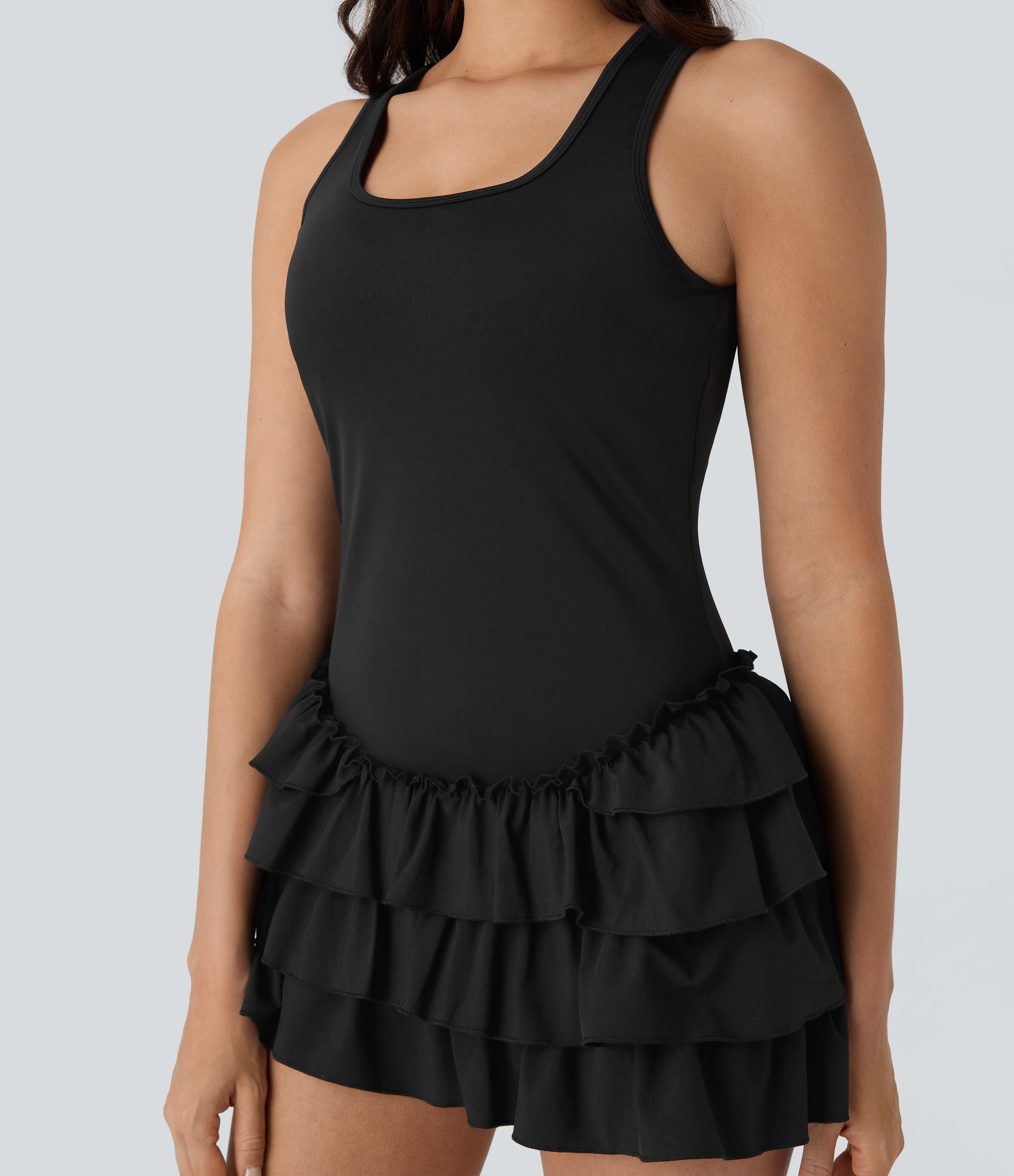 Halara Breezefulв„ў Square Neck Layered Ruffle 2 Piece Side Pocket Micro Mini Quick Dry Dance Active Dress Workout Dress - Black - XS 