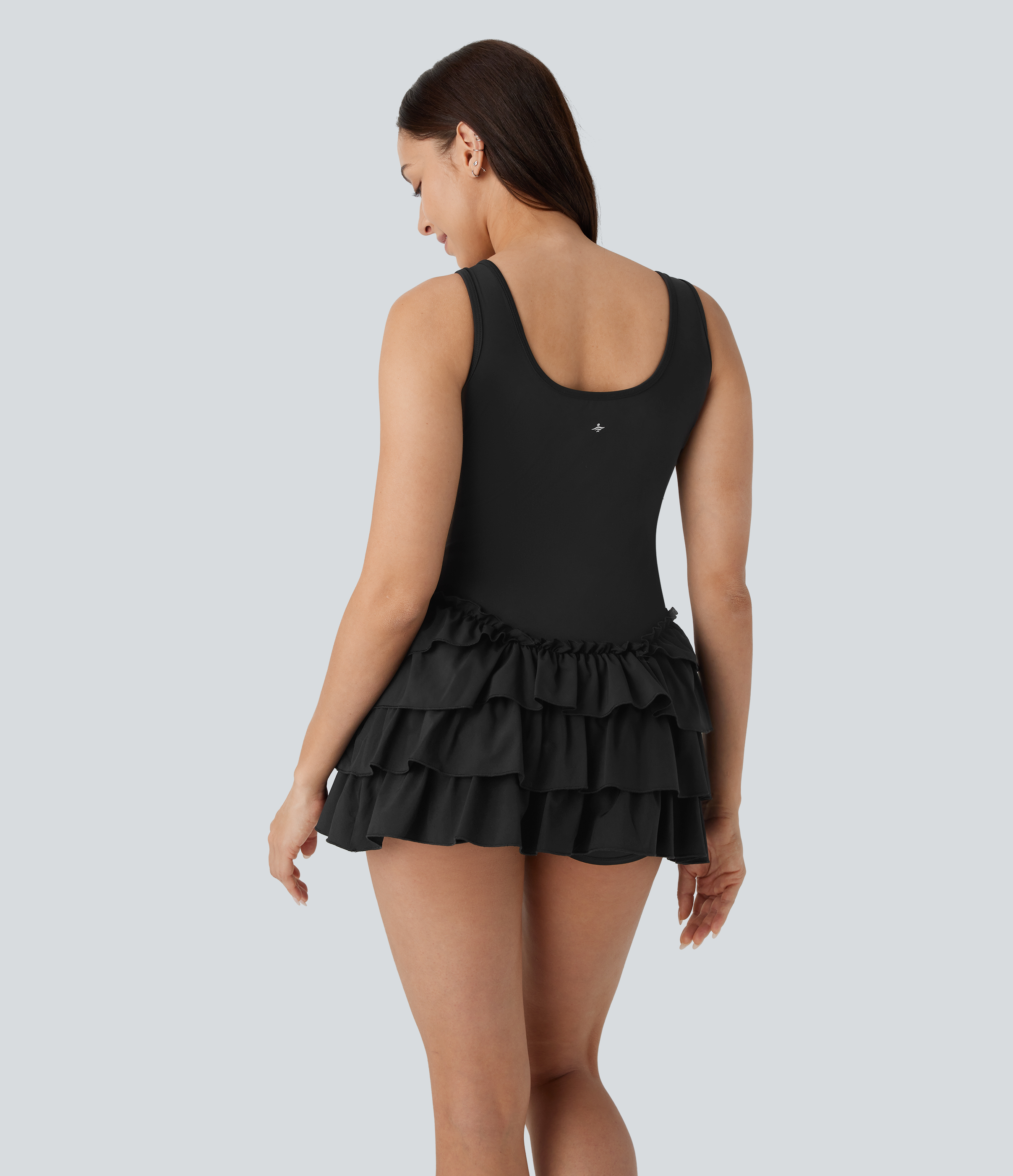 Halara Breezefulв„ў Square Neck Layered Ruffle 2 Piece Side Pocket Micro Mini Quick Dry Dance Active Dress Workout Dress - Black - XS 