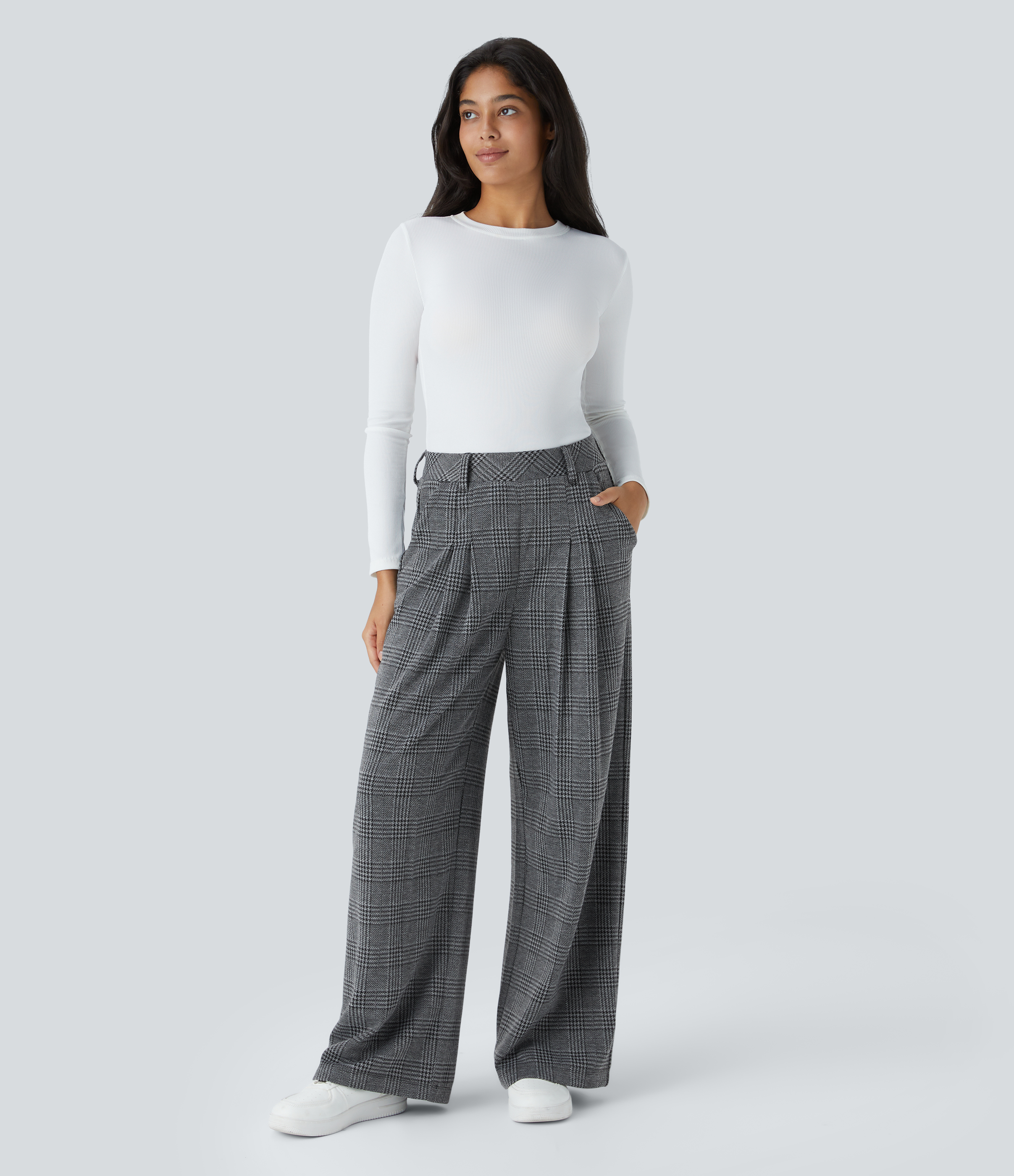 Halara High Waisted Plicated Side Pocket Wide Leg Houndstooth Plaid Casual Pants  - Dark Gray Plaid - XS(regular) sweatpants jogger pants 