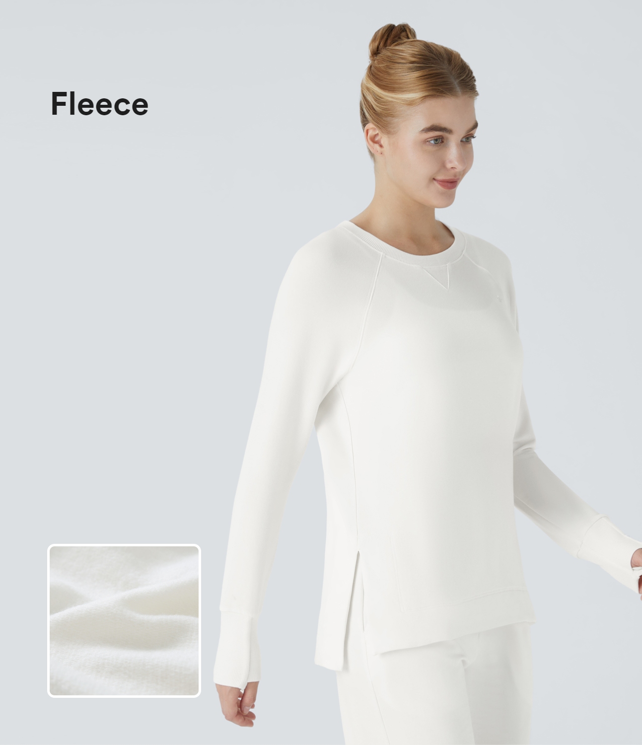 Halara Round Neck Thumb Hole Split High Low Fleece Lounge Sweatshirt  - Star White - XS 