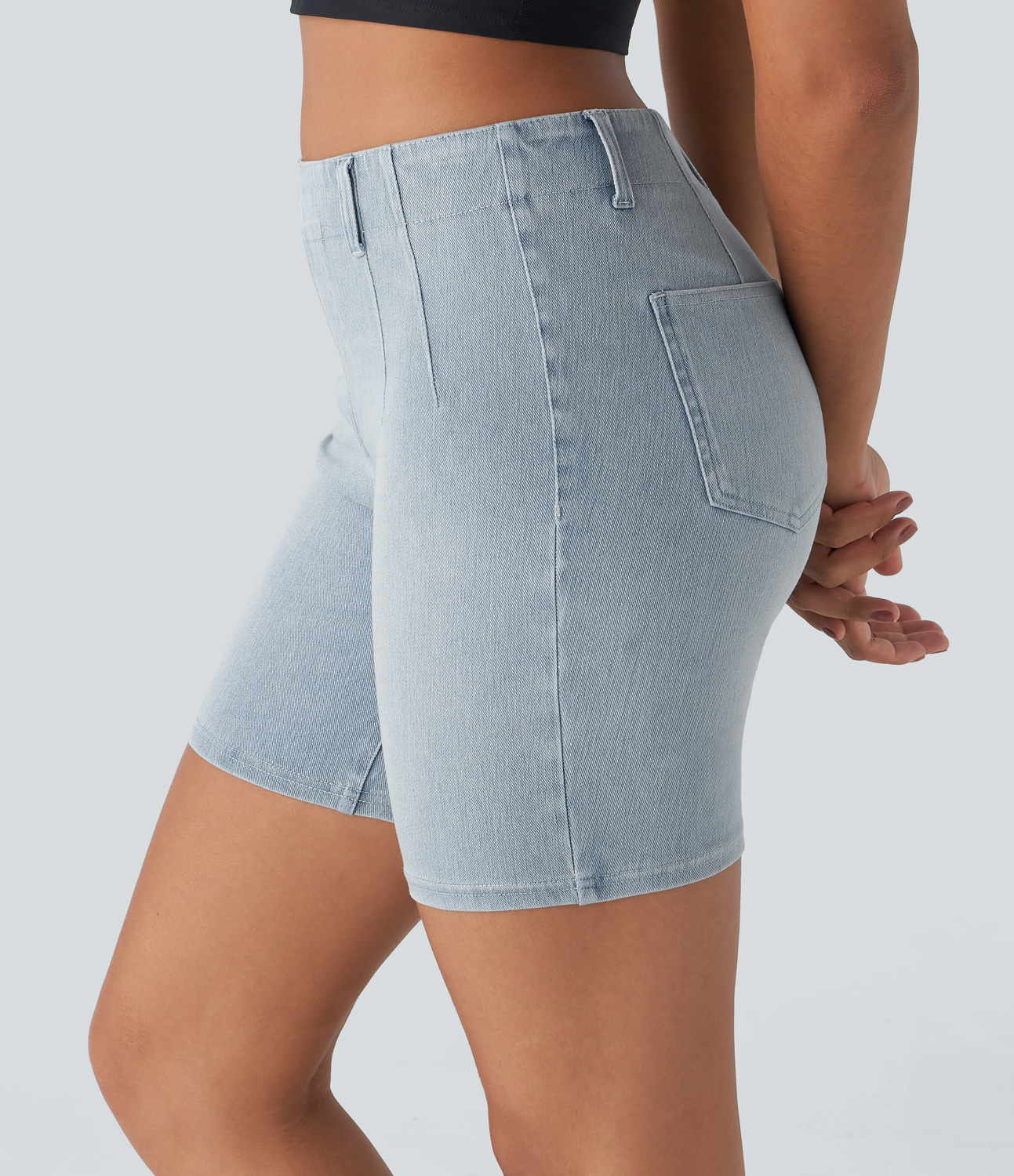 Halara Flex™ 미드웨이스트 뒷주머니 스키니 쿨 터치 워시드 스트레치 니트 데님 캐주얼 반바지